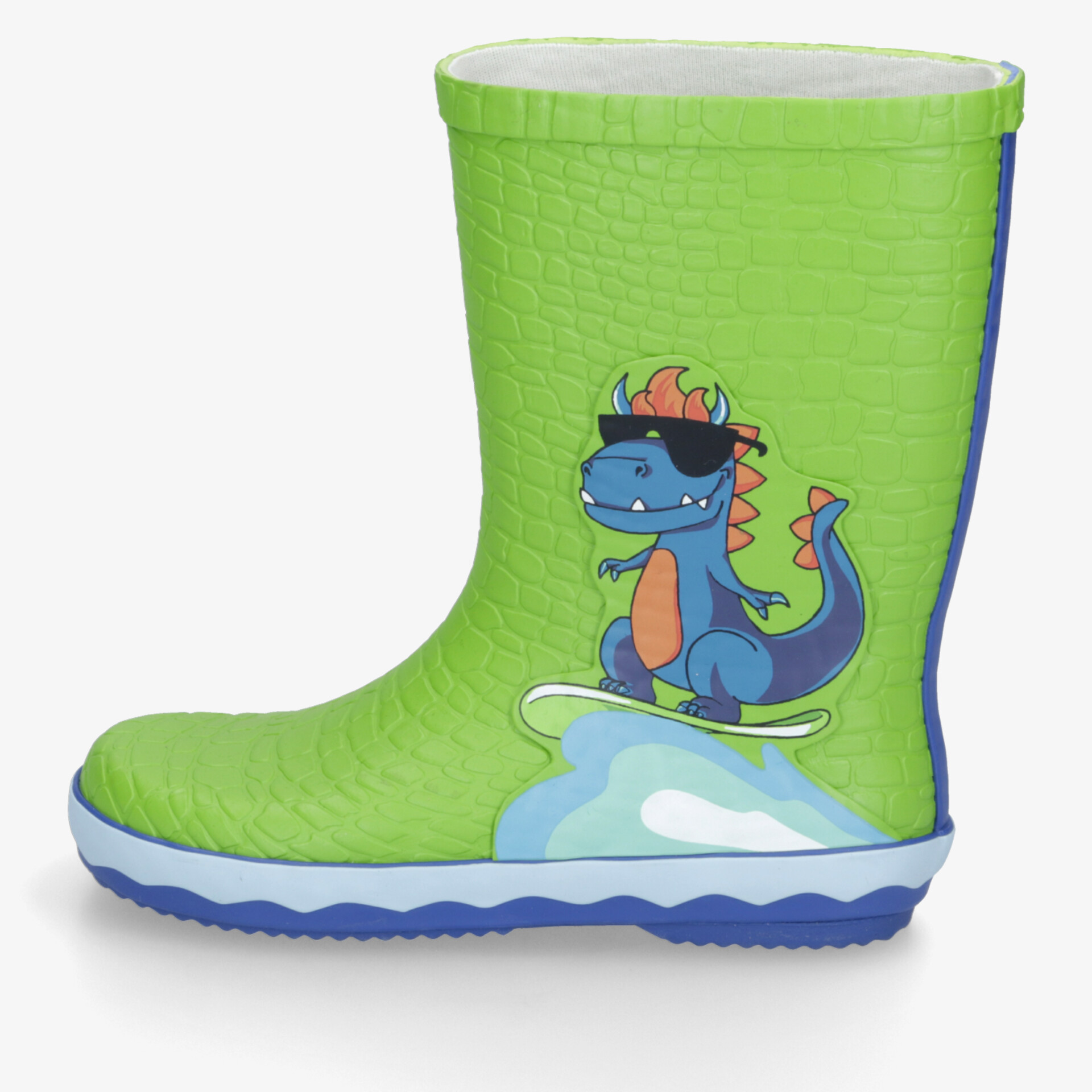 Grüner wasserdichter Gummistiefel mit rutschfester Sohle und buntem Dino-Motiv, komfortabel und leicht