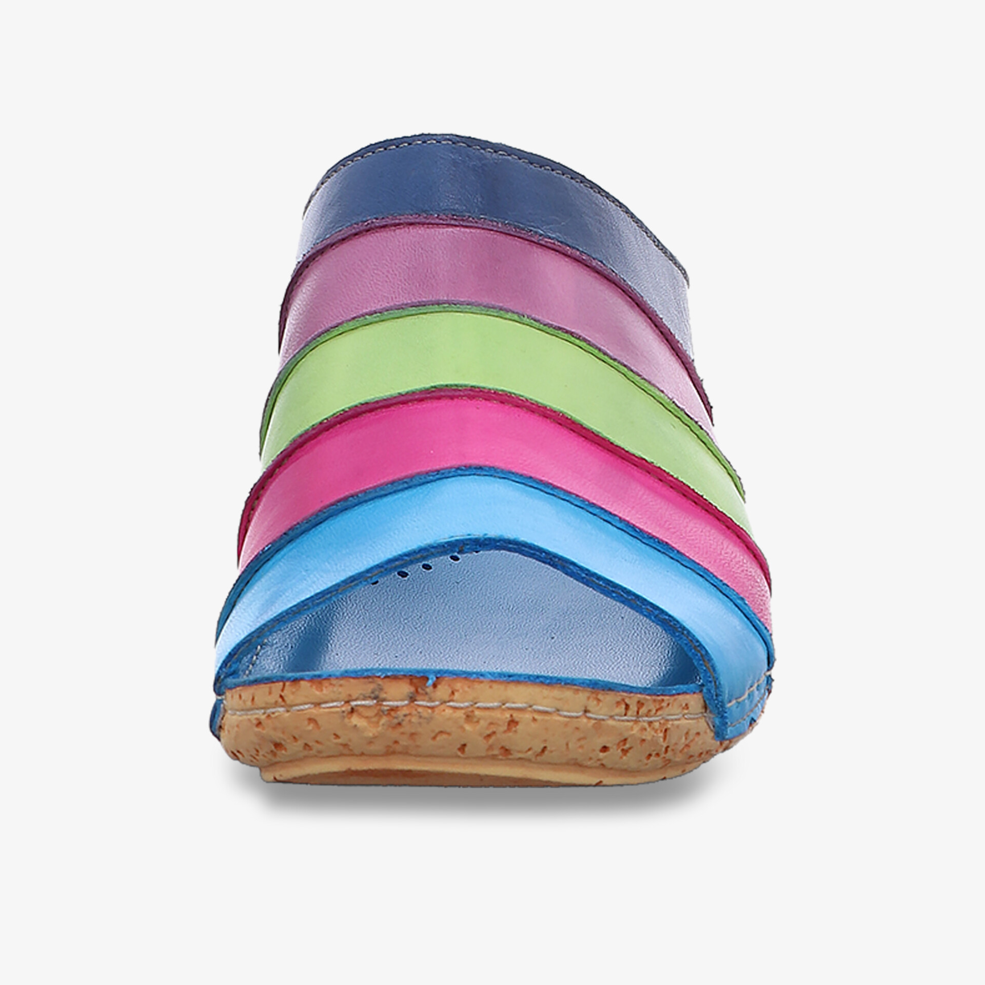 Frontansicht bunte Sandale mit komfortabler Korksohle und offenem Zehenbereich für angenehmen Tragekomfort