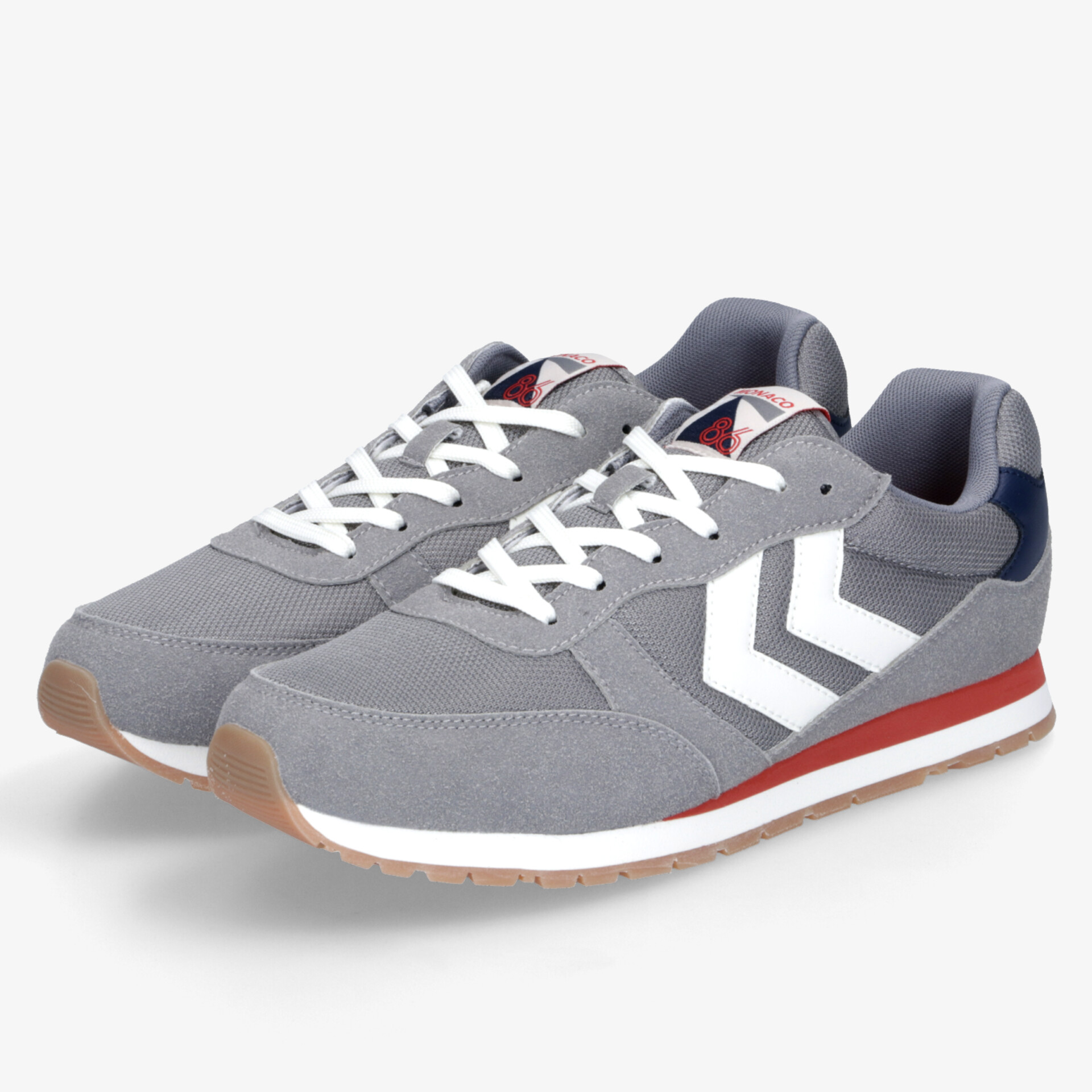 Sportliche graue Freizeitschuhe mit weißem Streifen, stoßdämpfender Sohle und modernem Design, Paaransicht