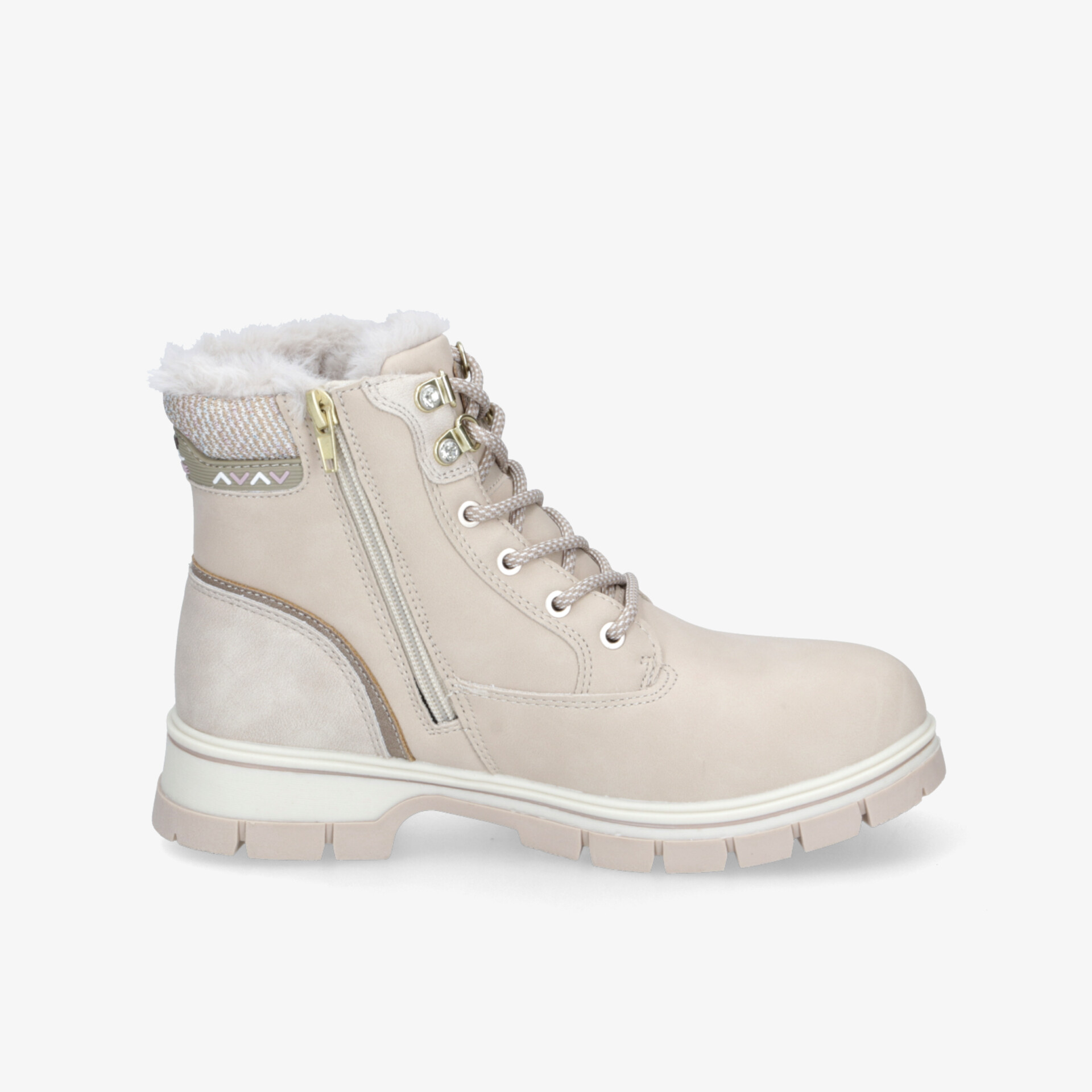 Beiger Winterstiefel mit warmem Futter, praktischem Reißverschluss und robuster, rutschfester Sohle seitliche Ansicht