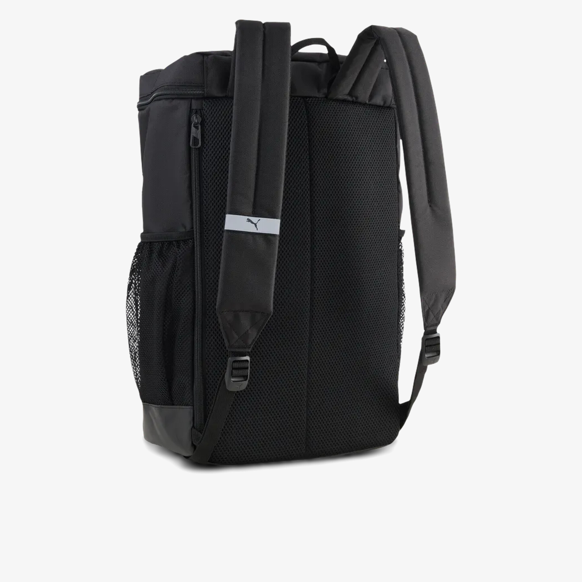 Moderner schwarzer Rucksack mit gepolsterten Schulterriemen und seitlicher Netztasche für komfortables Tragen