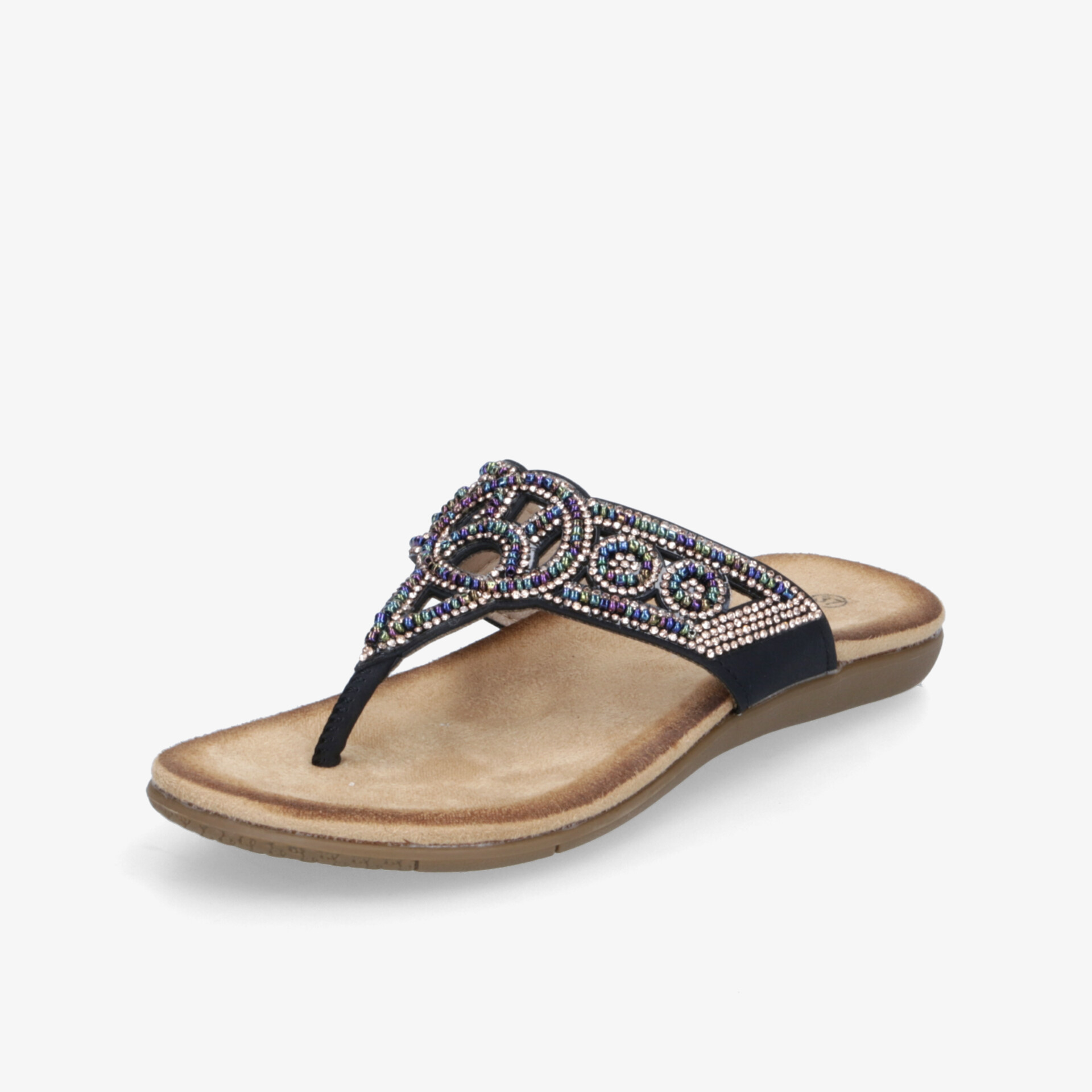 Eleganter Zehentrenner mit glitzernden Steinen und bequemem Fußbett für angenehmen Tragekomfort