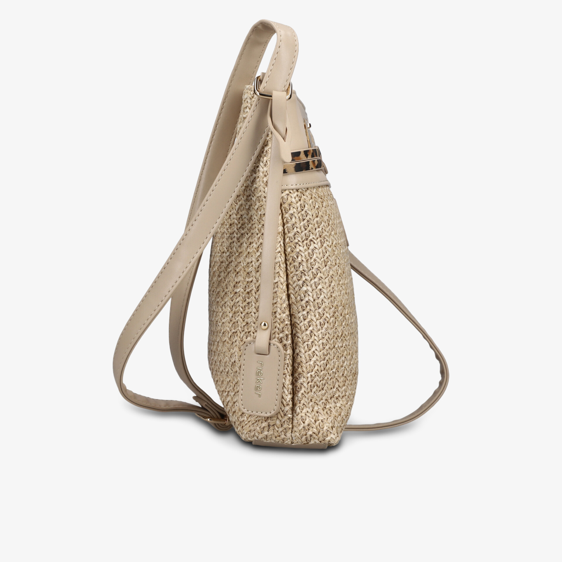 Seitlich abgebildete Handtasche mit strukturierter Oberfläche und feinen Details in dezenter Farbe