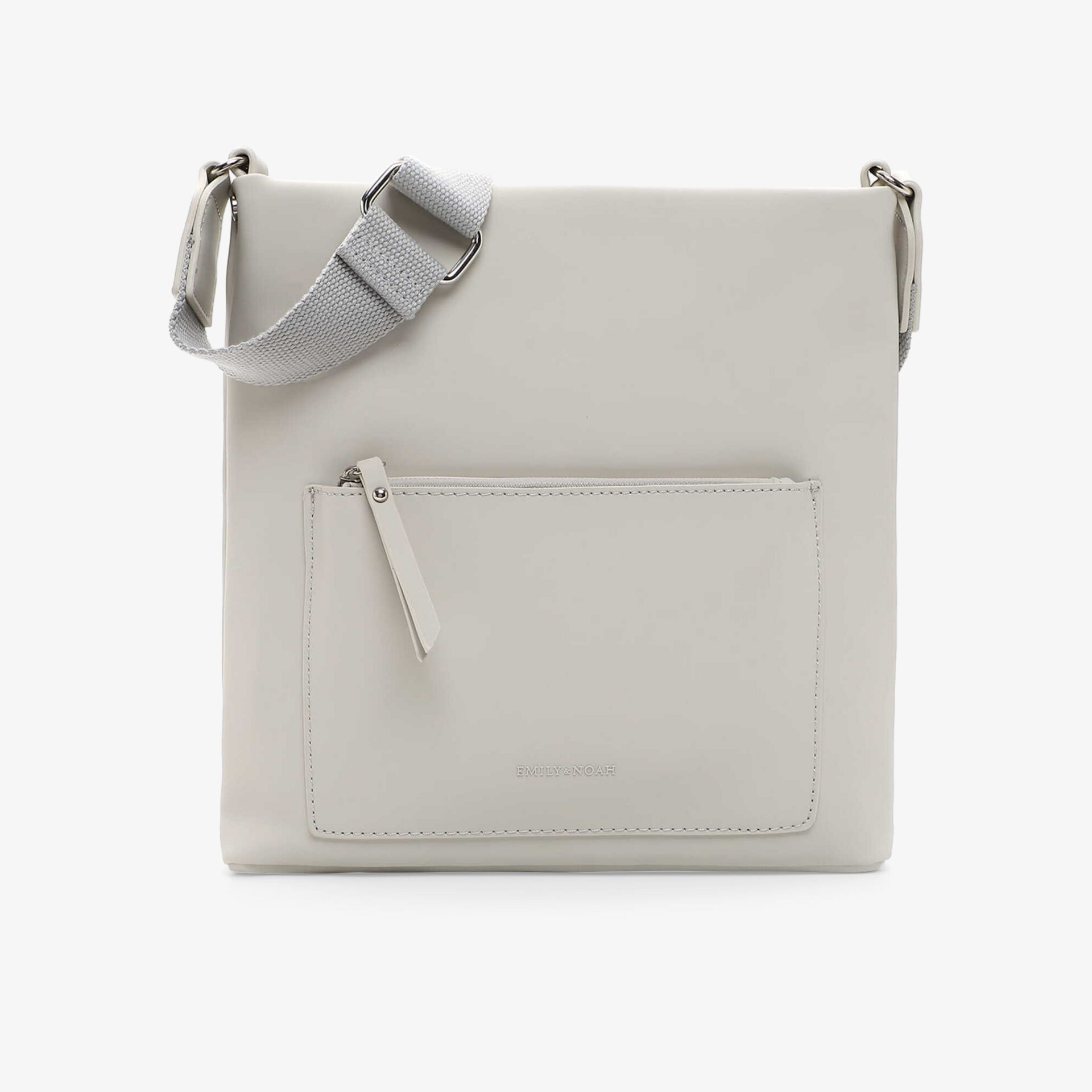 Moderne graue Umhängetasche mit praktischem Reißverschlussfach und verstellbarem Schultergurt in klarer Frontansicht