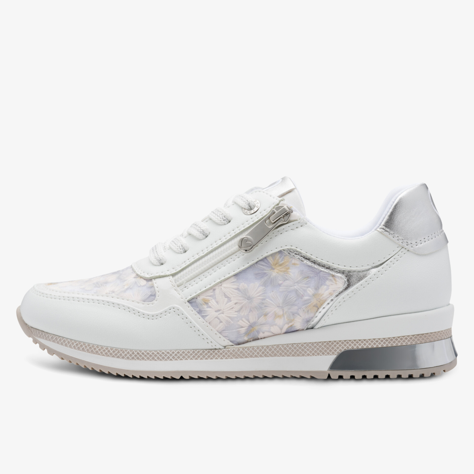 Seitliche Ansicht eines weißen Sneaker mit Reißverschluss und leichter Sohle