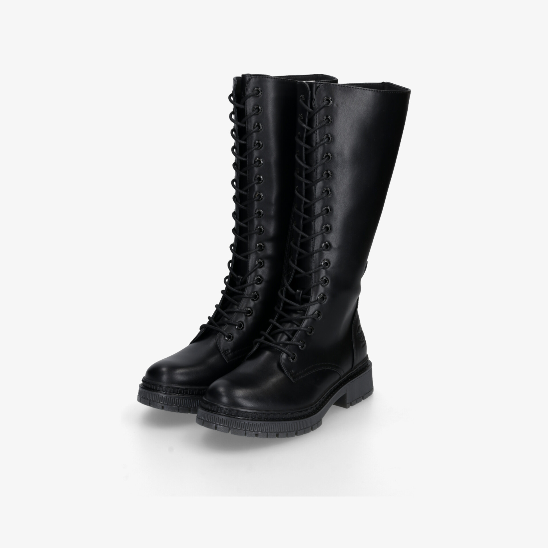 Schwarze kniehohe Stiefel aus Lackleder mit markanter Schnürung und robustem Absatz für stilvollen Komfort