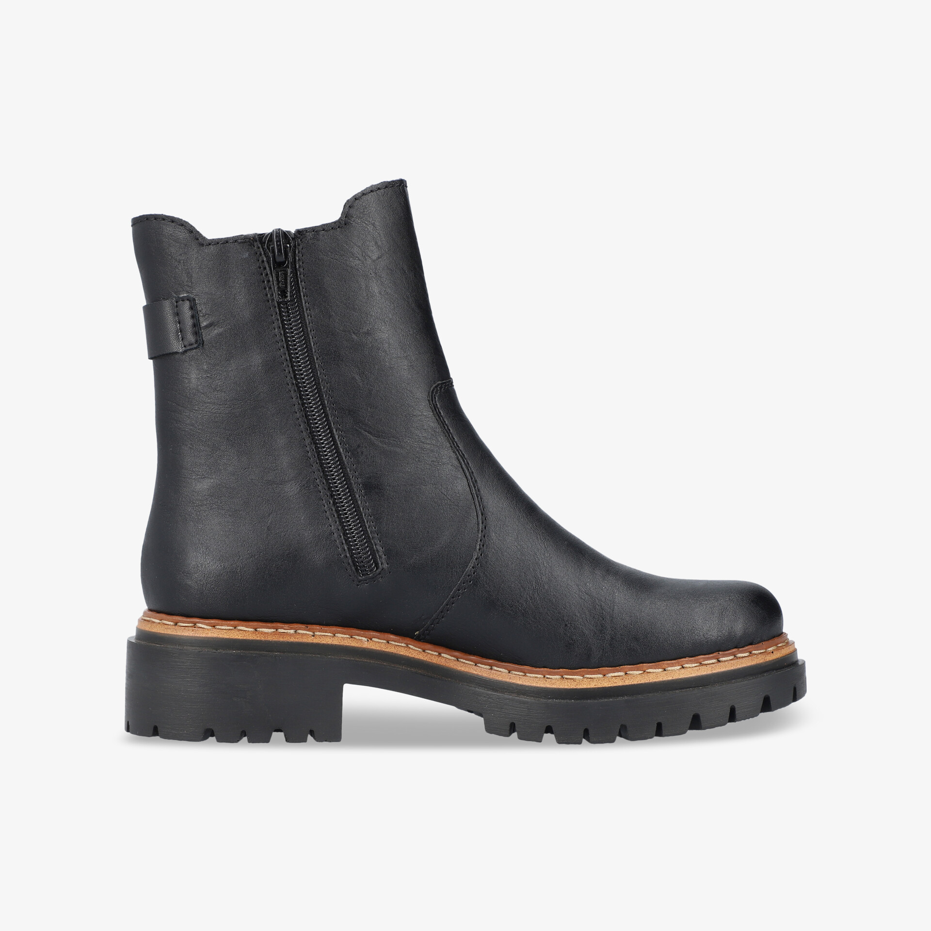 Robuster schwarzer Stiefel mit Reißverschluss, rutschfester Sohle und komfortabler Passform in seitlicher Ansicht