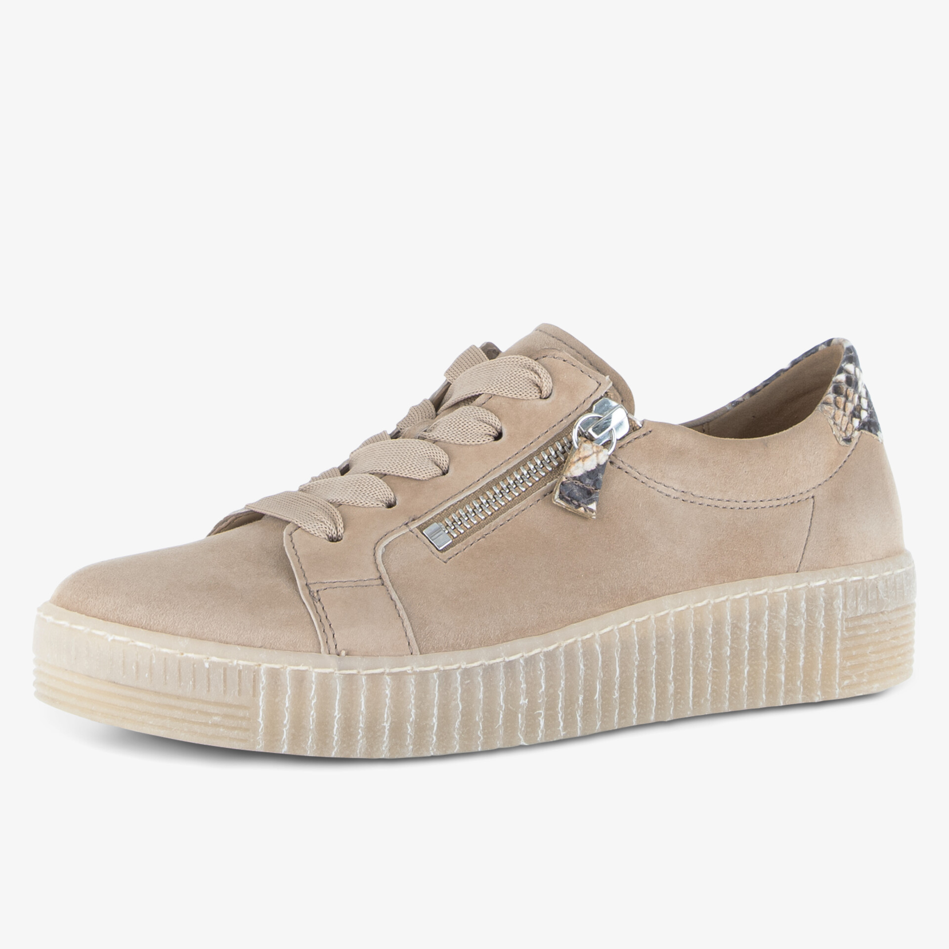 Beige Schnürschuhe mit Reißverschluss an der Seite und rutschfester Sohle.