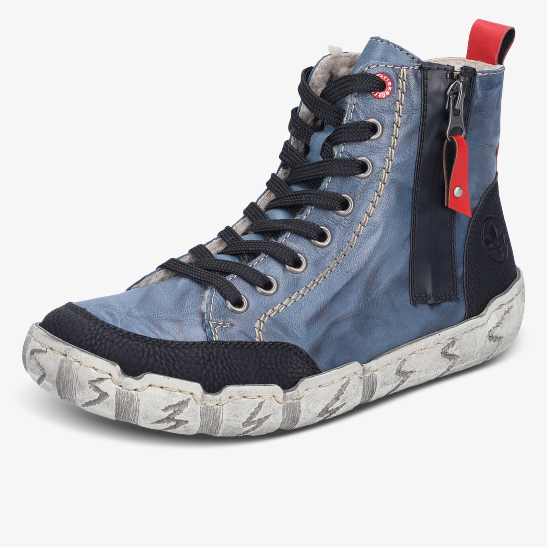 Robuster hoher Schuh in Jeans Optik mit Reißverschluss, Schnürung und weißer Profilsohle, seitliche Ansicht