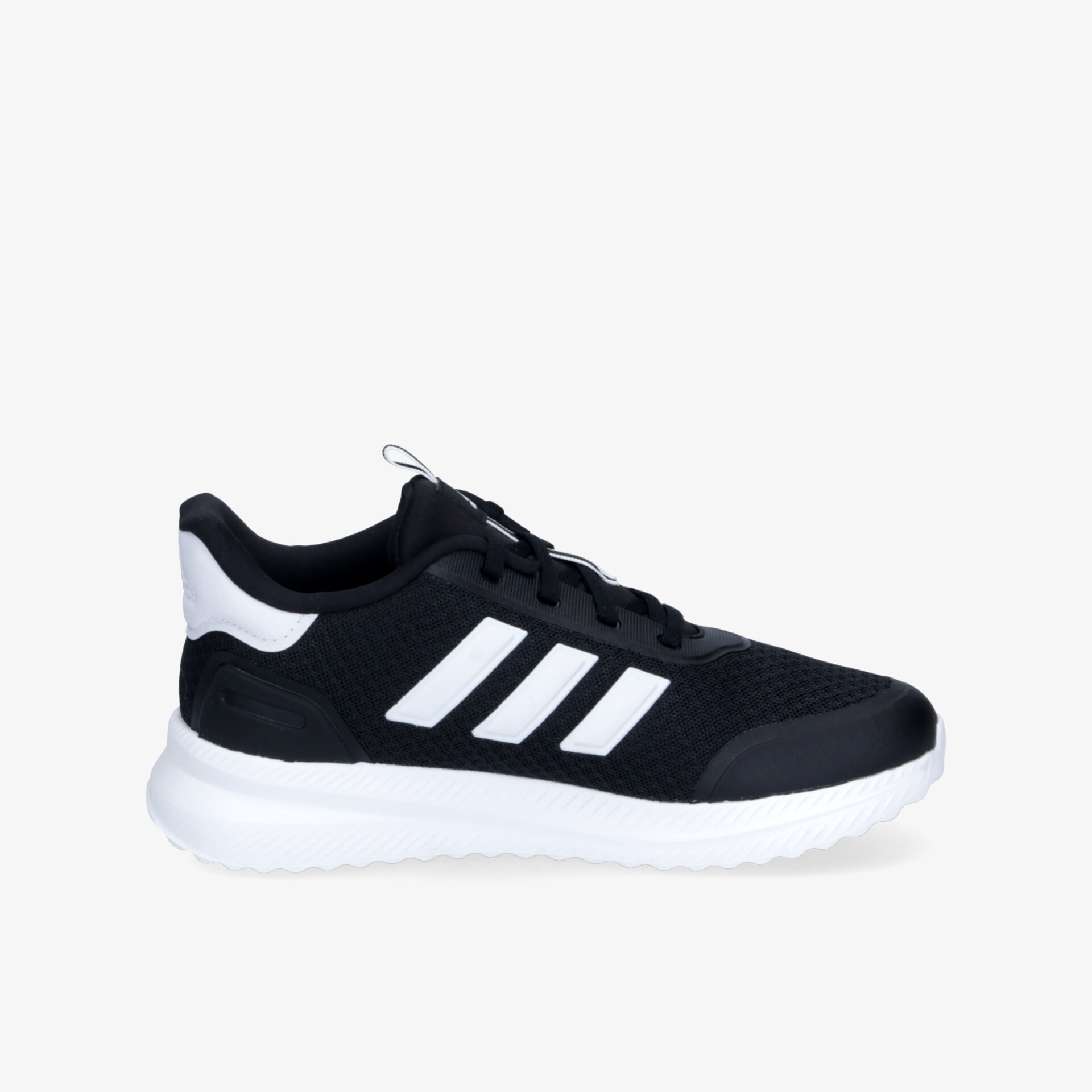 Moderner schwarzer Sportschuh mit weißer Sohle und flexibler, rutschfester Laufsohle, ideal für sportliche Aktivitäten