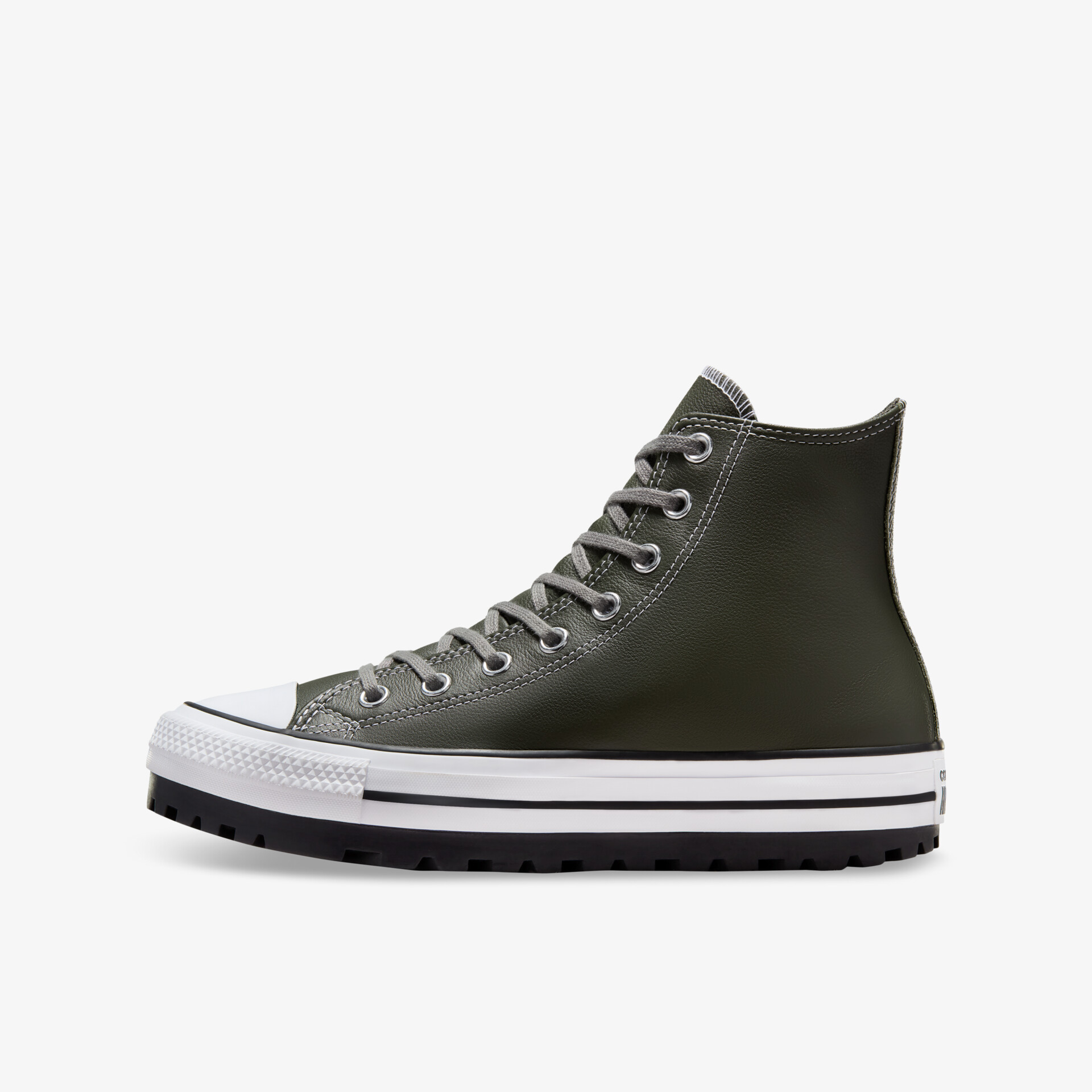 Moderner hoher Sneaker in Oliv mit robuster Sohle und komfortablem Design seitlich sichtbar