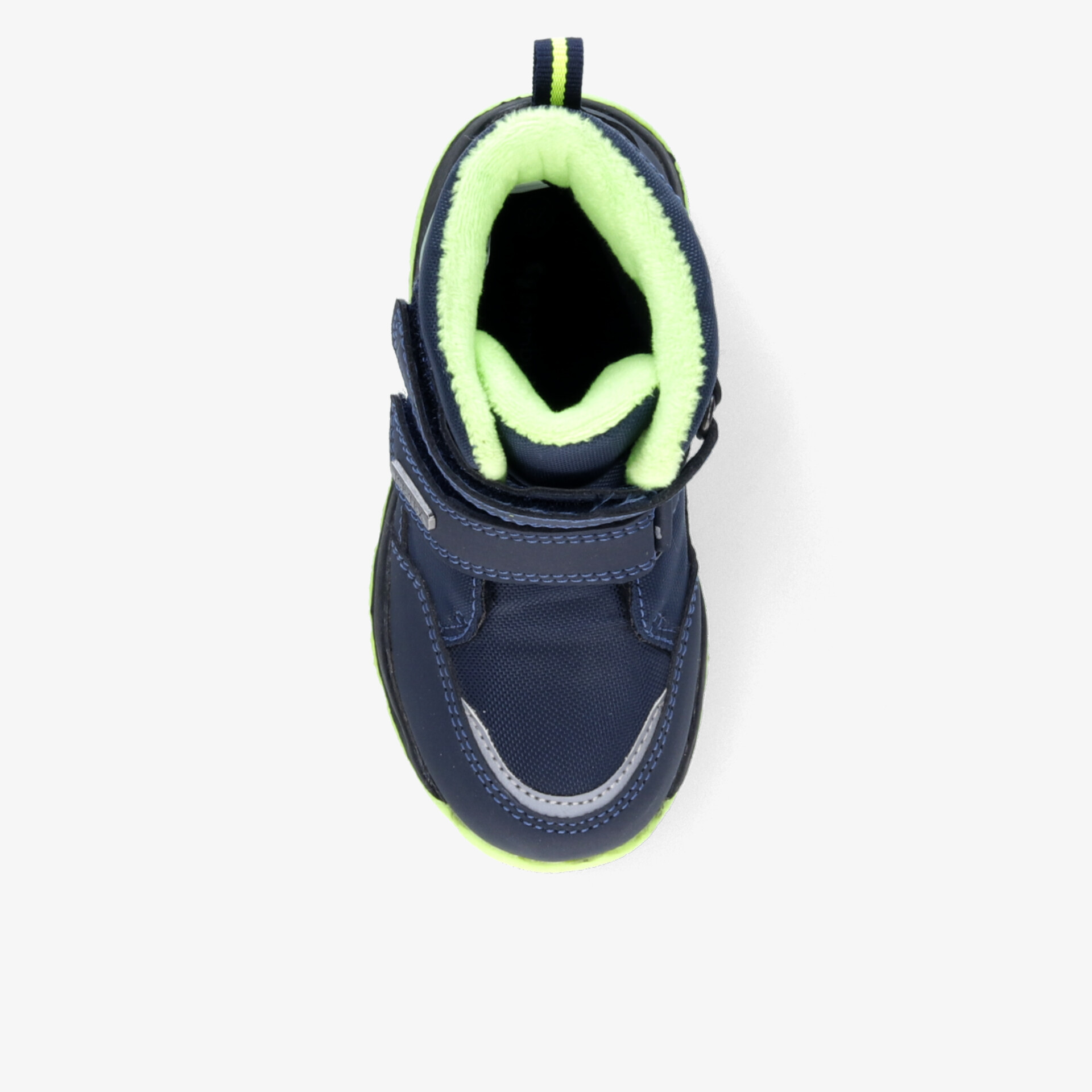 warmer kinderwinterschuh mit wasserabweisendem material und rutschfester sohle in navy und neon grün