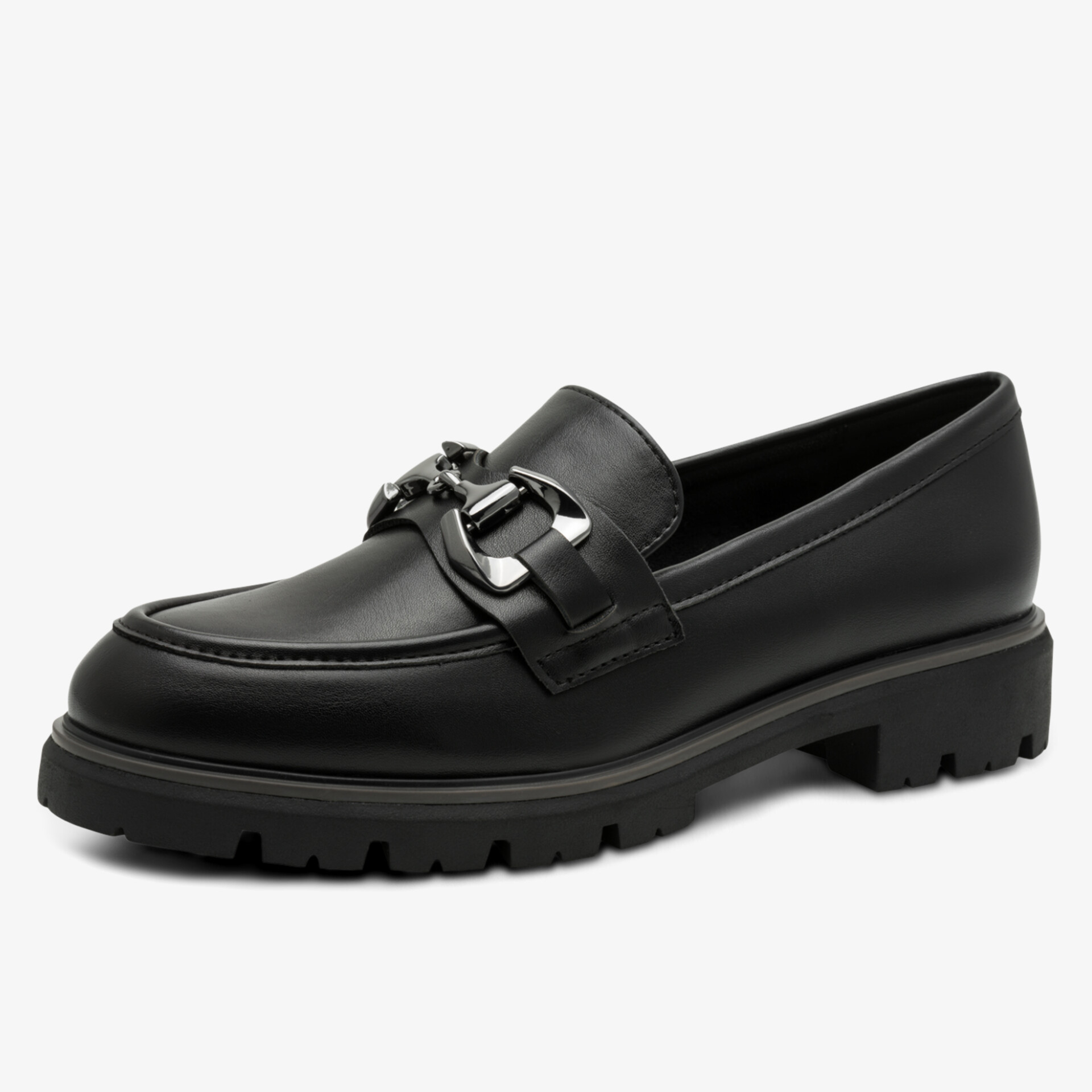 Eleganter schwarzer Loafer aus Leder mit robuster Ledersohle und modischem Metall-Accessoire