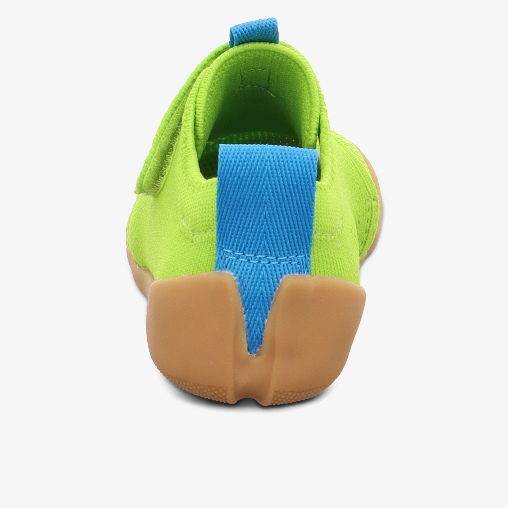 Grüner Schuh mit elastischem Material und stabiler Gummisohle für guten halt und Komfort hinten sichtbar