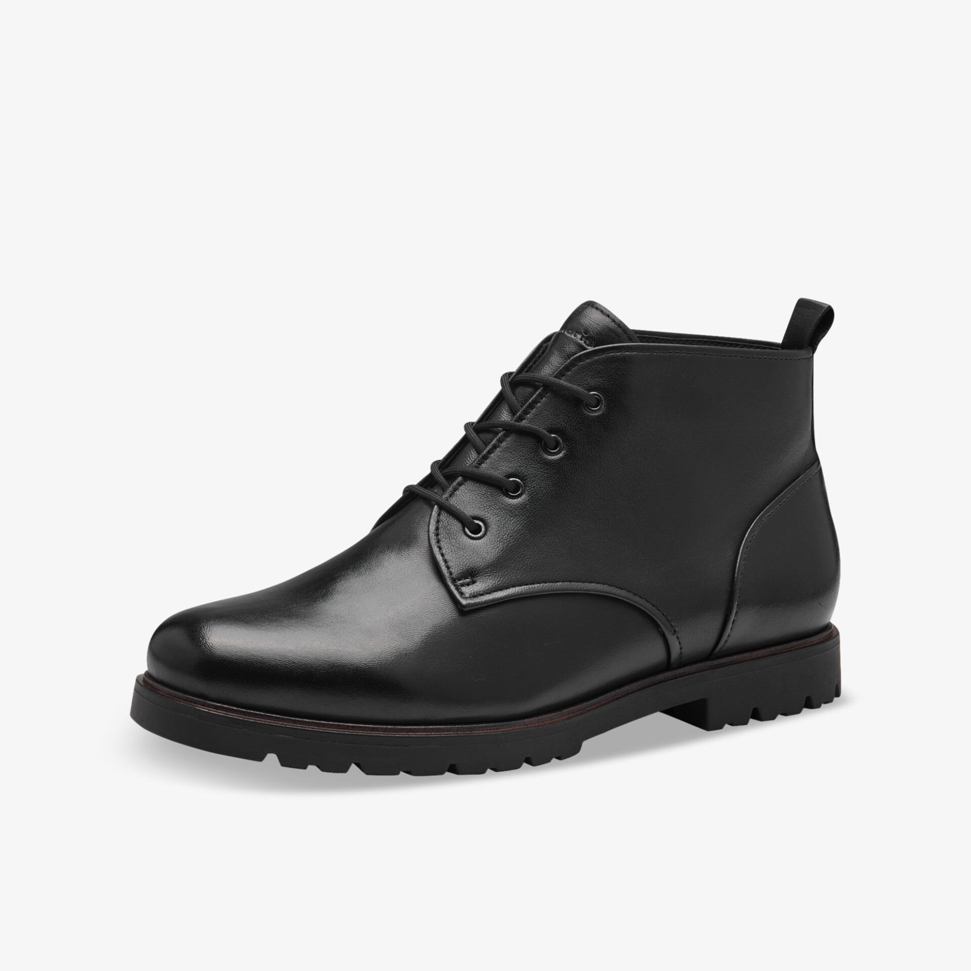 Schwarzer Lederstiefel mit robuster Sohle und Schnürung, seitliche Ansicht, eleganter und strapazierfähiger Schuh