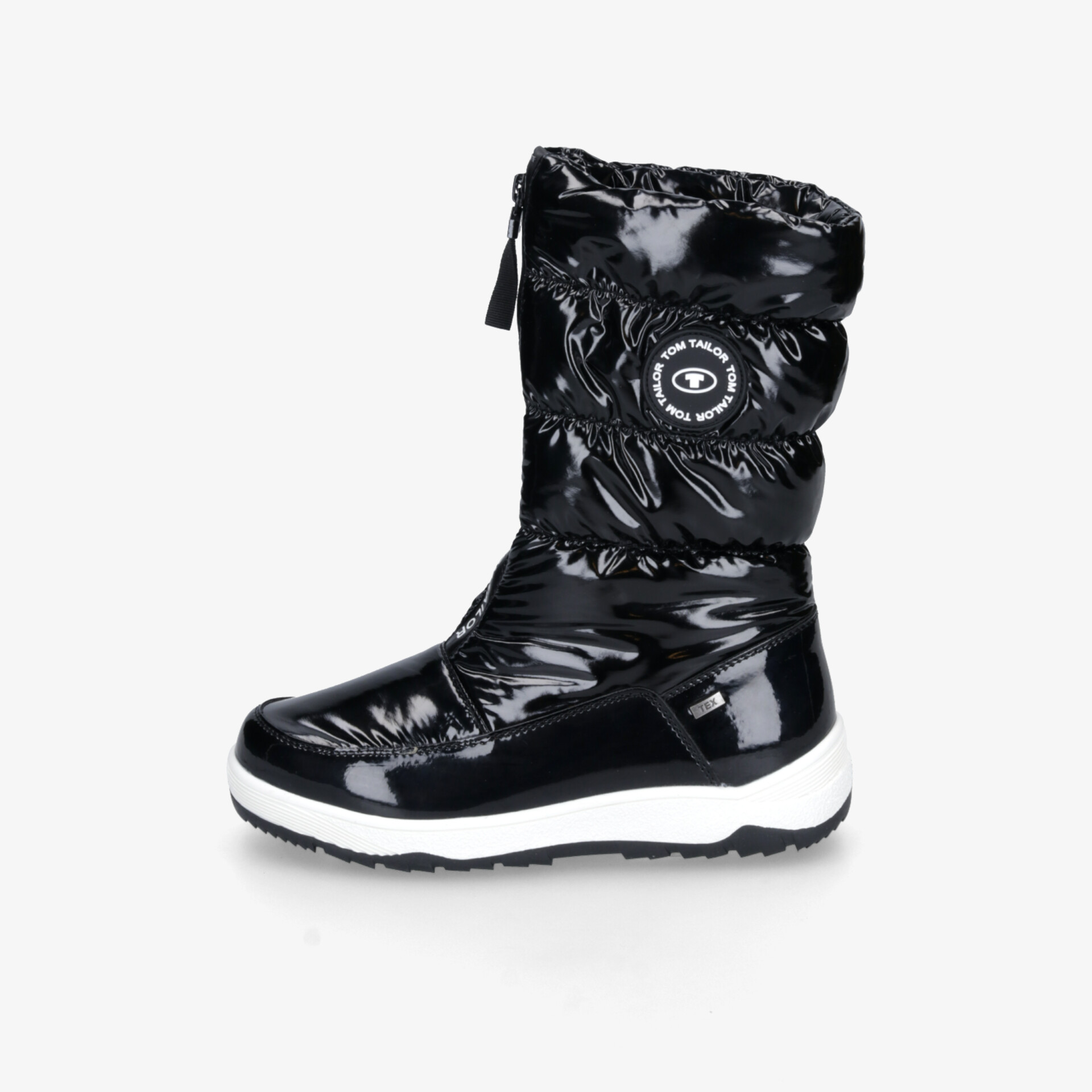 Schwarzer glänzender Winterstiefel mit warmem Innenfutter und rutschfester weißer Sohle, seitliche Ansicht