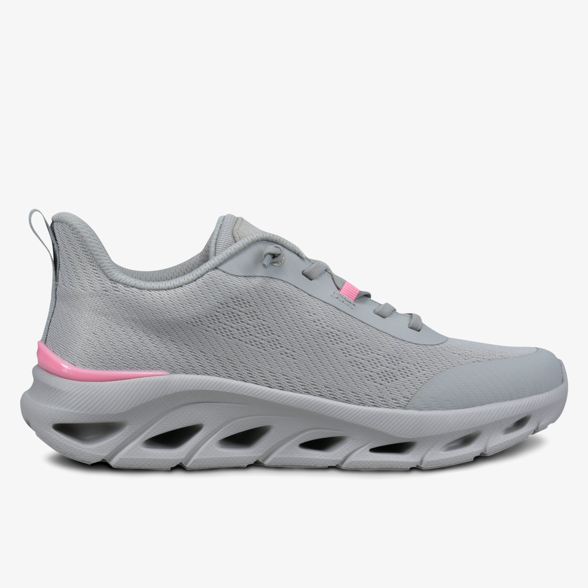 Moderner grauer Sneaker mit rosa Akzenten und innovativer Sohle für optimalen Komfort