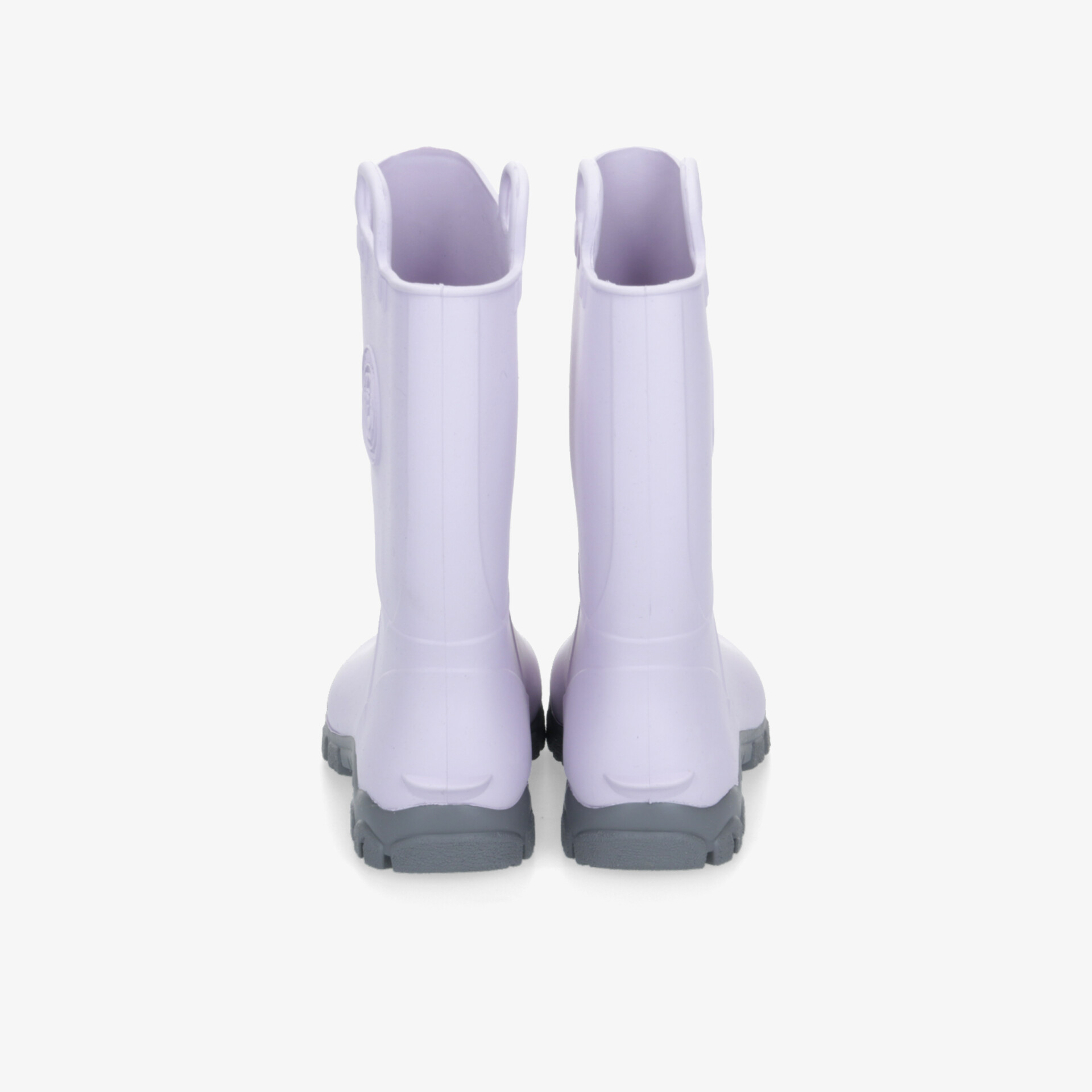 Lila Gummistiefel mit grauer Sohle, ideal für Regenwetter, bietet Komfort und Stil.