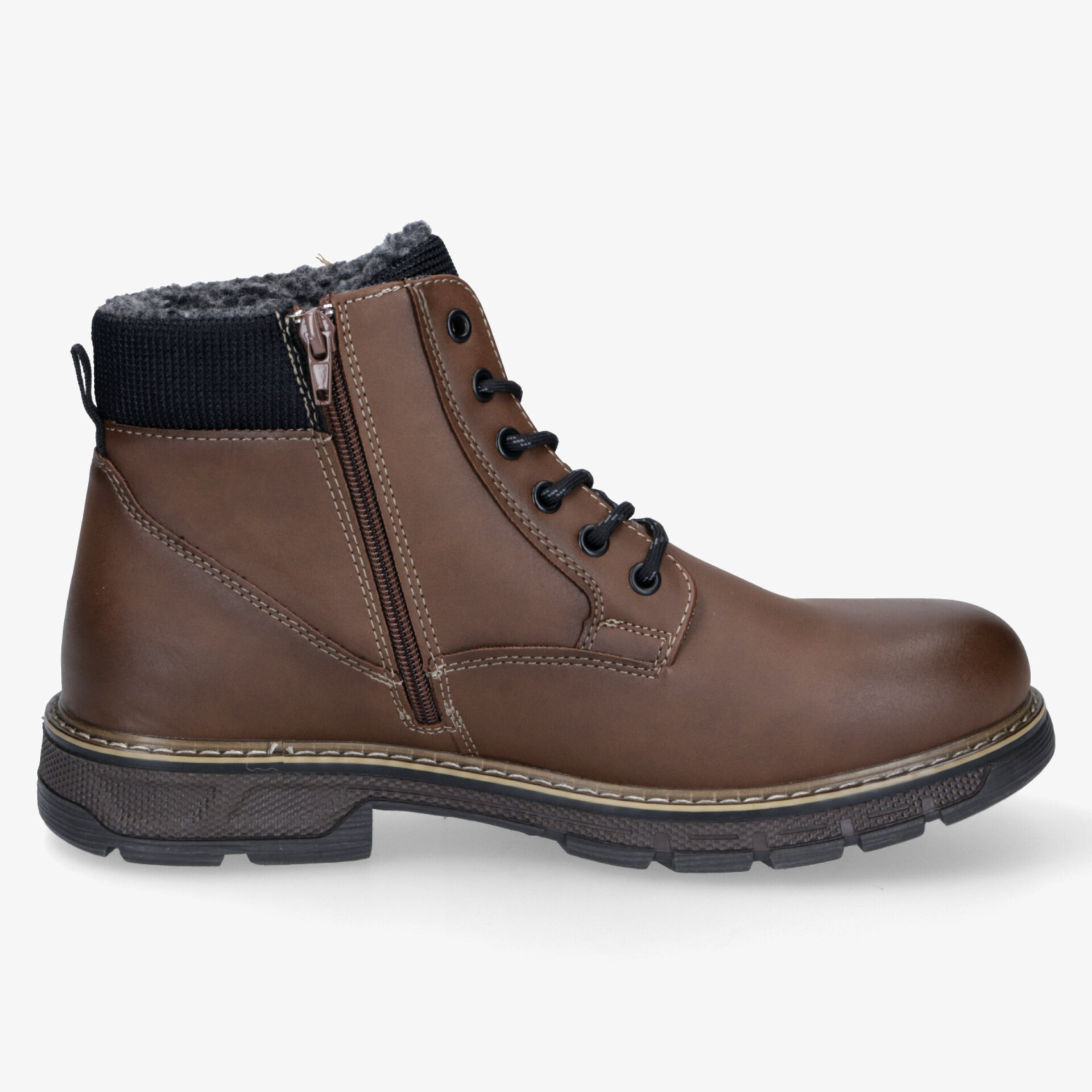 Robuster brauner Winterstiefel mit warmer Polsterung, schnürbar, seitlichem Reißverschluss und profilierter Sohle