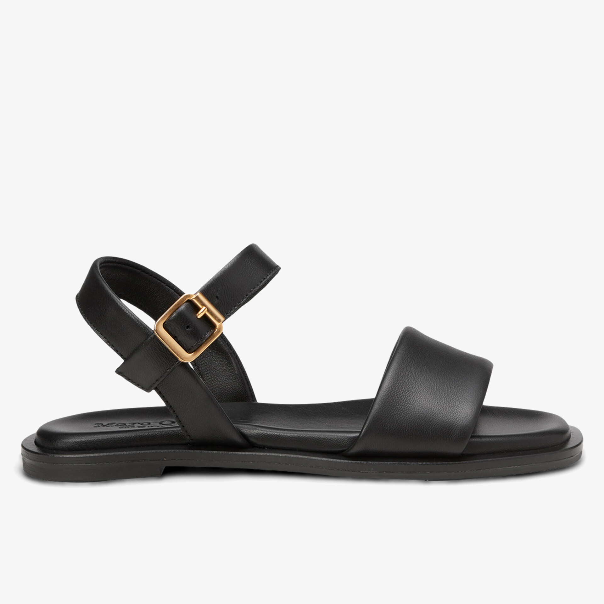 Elegante schwarze flache Sandale mit verstellbarem Riemen und goldener Schnalle für komfortablen Halt