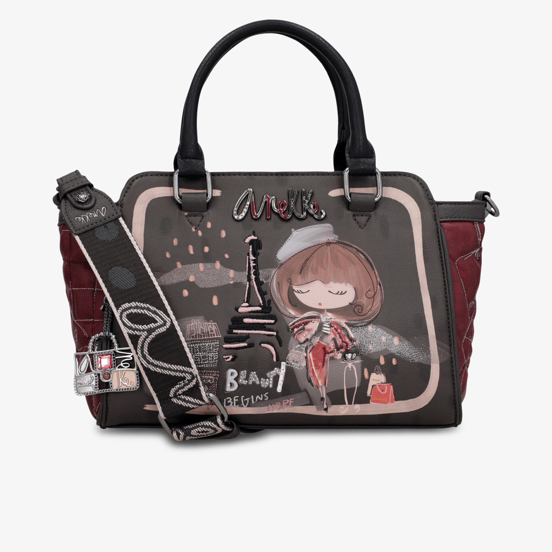 Modische schwarze Handtasche mit dekorativem Print, Kunstleder und abnehmbarem Schulterriemen für vielseitigen Einsatz