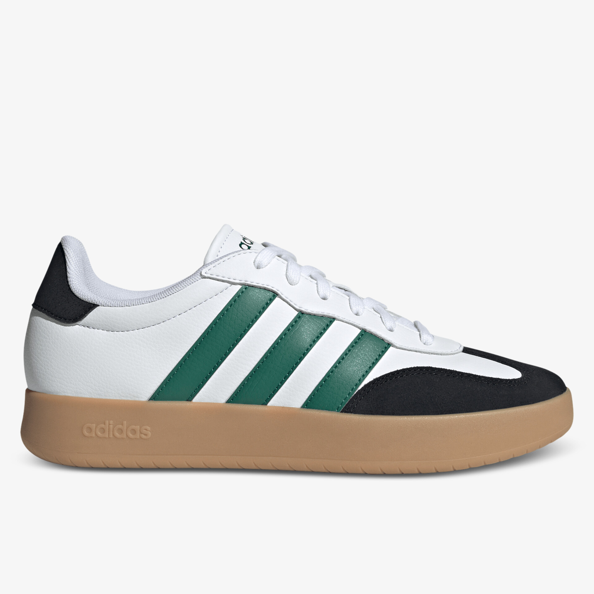 Moderner Sneaker mit grün-weißen Streifen und brauner Gummisohle, bequem und langlebig.