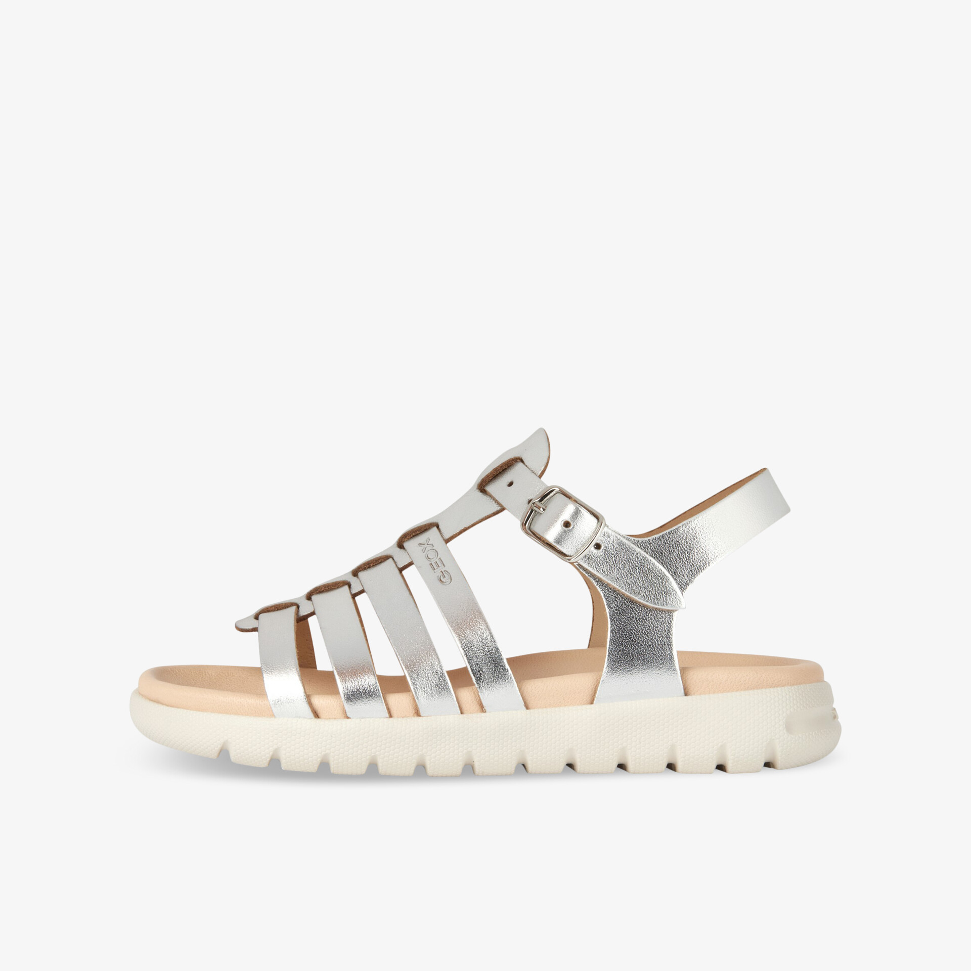 Silberne Sandalen mit verstellbaren Riemen und rutschfester Sohle für stilvollen Komfort.