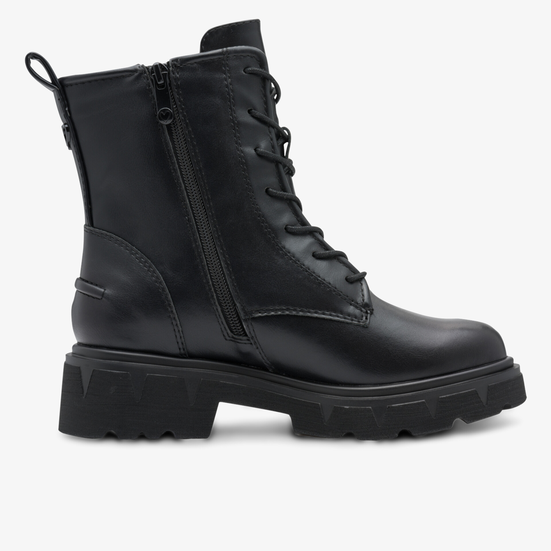 Schwarzer robuster Schnürstiefel mit praktischem Reißverschluss und profilierter rutschfester Sohle seitliche Ansicht