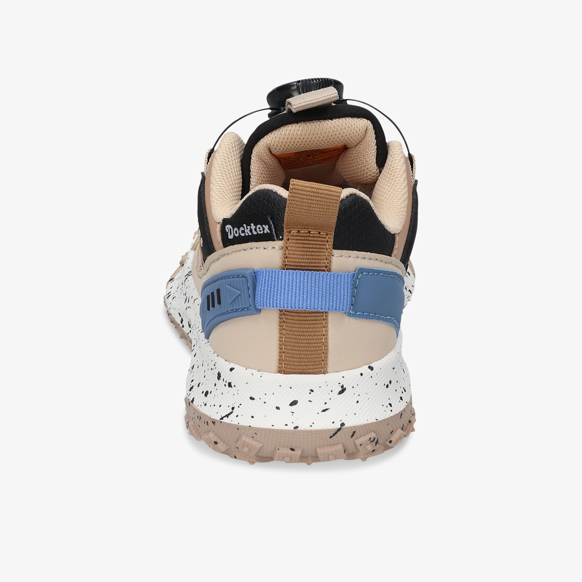 Sportlicher Schuh von hinten mit gepolsterter Ferse, moderner Optik und rutschfester Sohle in Blau und Braun