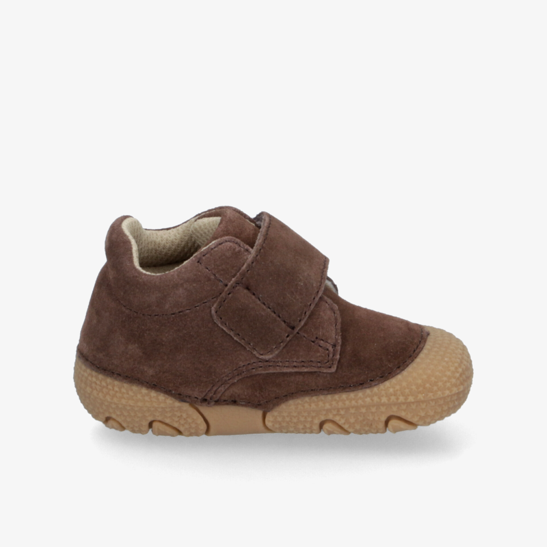 Brauner Wildlederschuh mit Klettverschluss und flexibler, rutschfester Sohle für bequemen und sicheren Halt