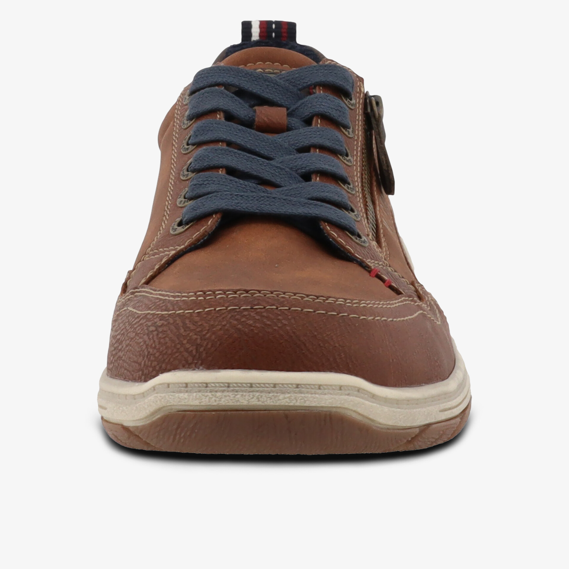 Brauner Schnürschuh mit Reißverschluss und weißer Sohle, modernes und bequemes Design, frontale Ansicht