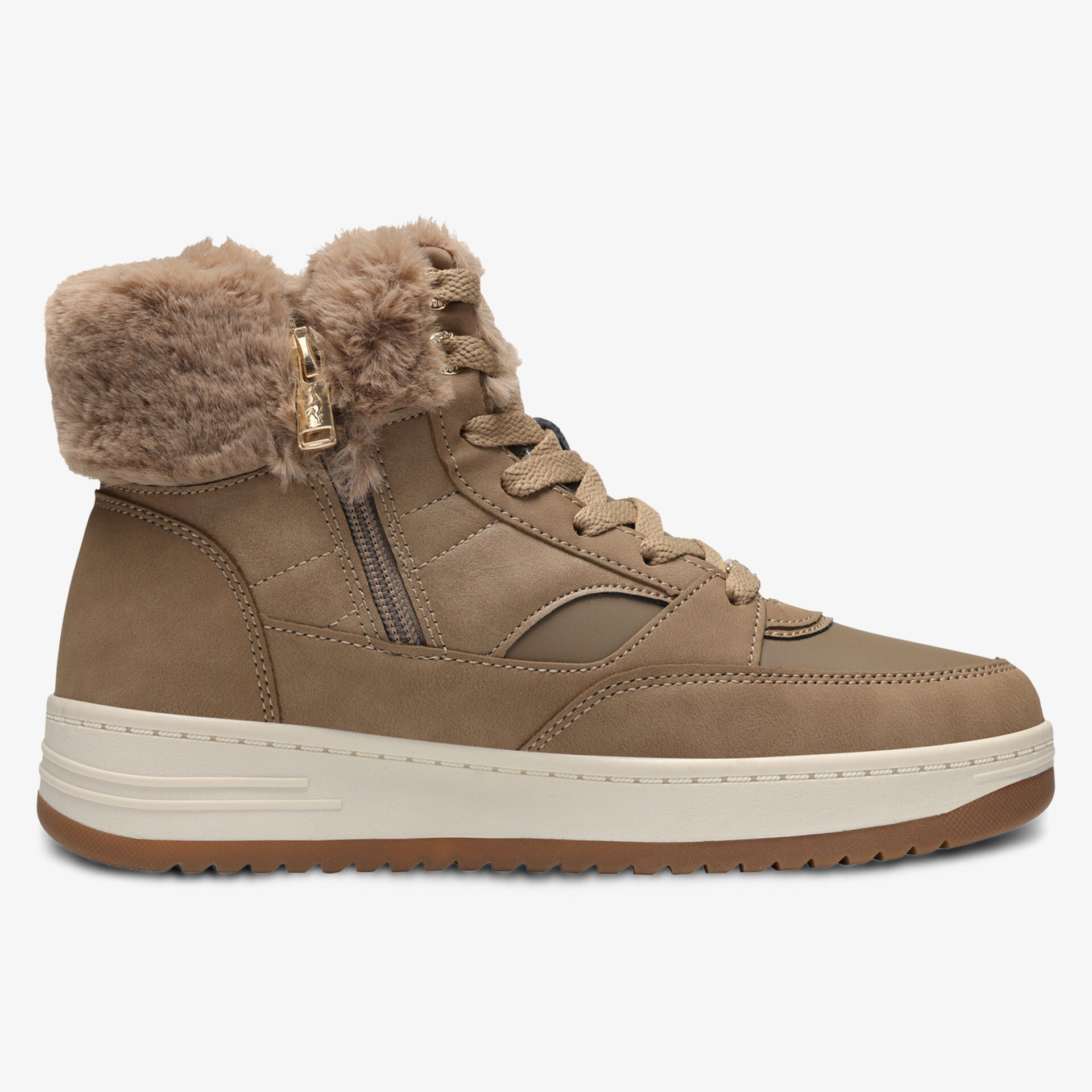 Bequemer und warmer Sneaker mit Fellfutter und leicht profilierter Sohle, seitliche Ansicht