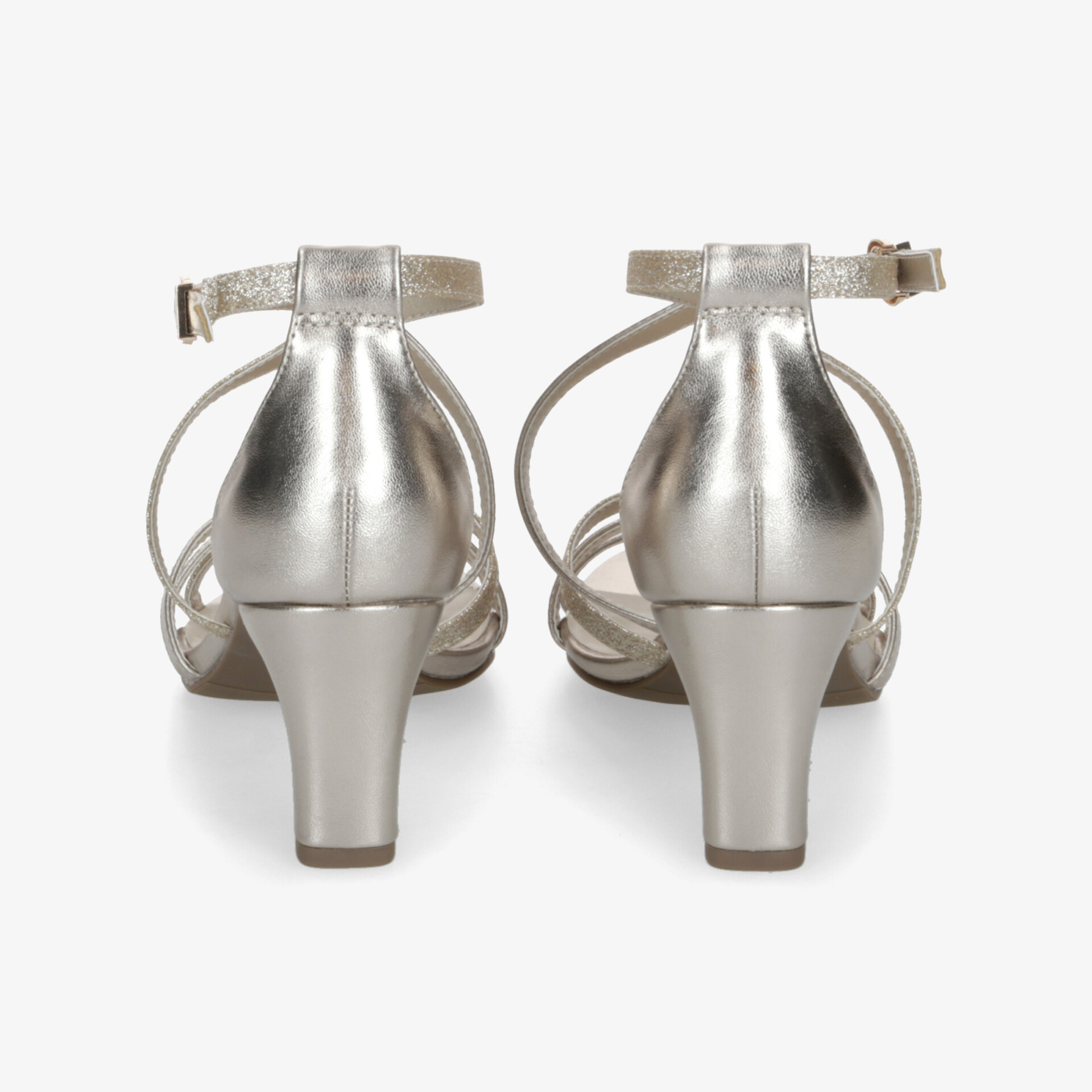 Silberne Absatzschuhe mit mittelhohem Absatz und verstellbarem Riemen, Rückansicht, stilvoll und bequem