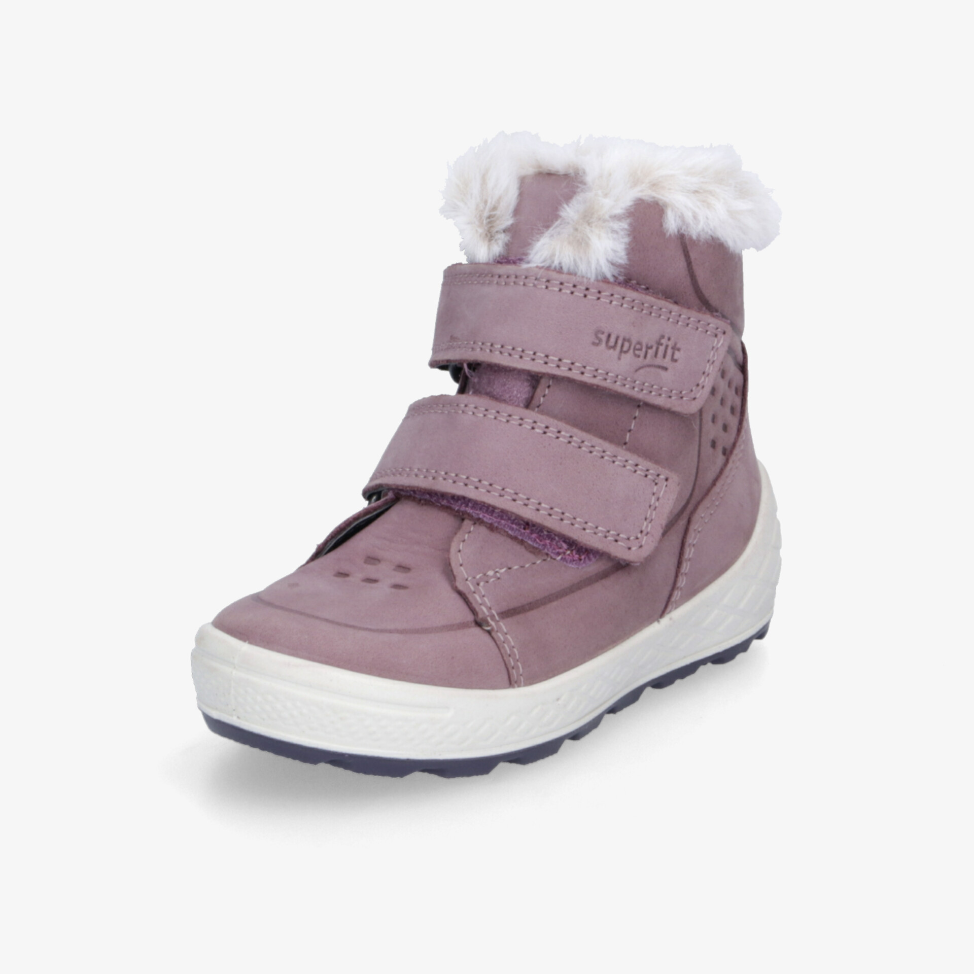 Violetter Winterstiefel mit warmem Fellfutter, zwei Klettverschlüssen und robuster rutschfester Sohle