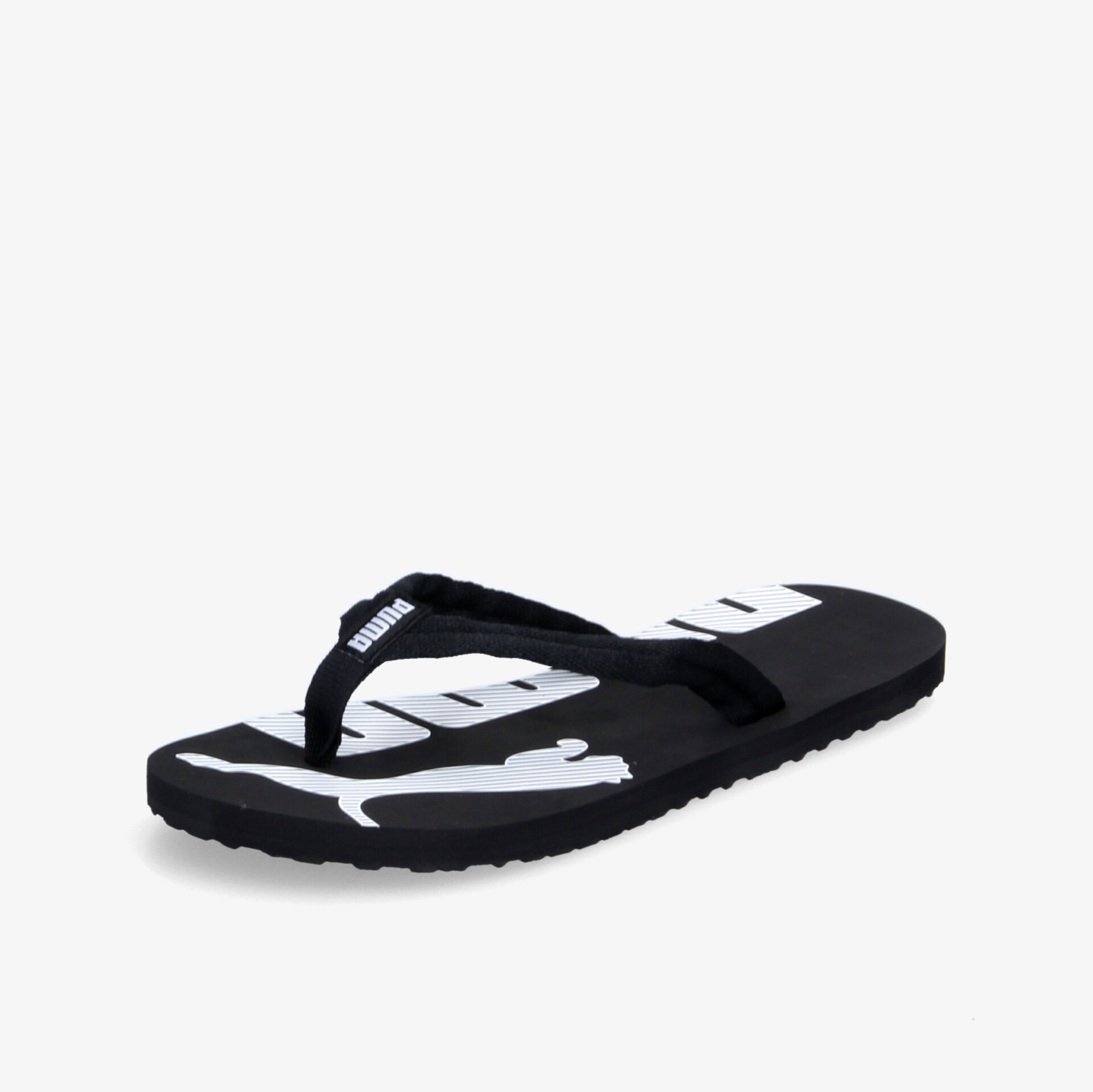 Bequeme schwarze Flip-Flops mit weißem Markenzeichen, ideal für Freizeitaktivitäten und Sommerausflüge.