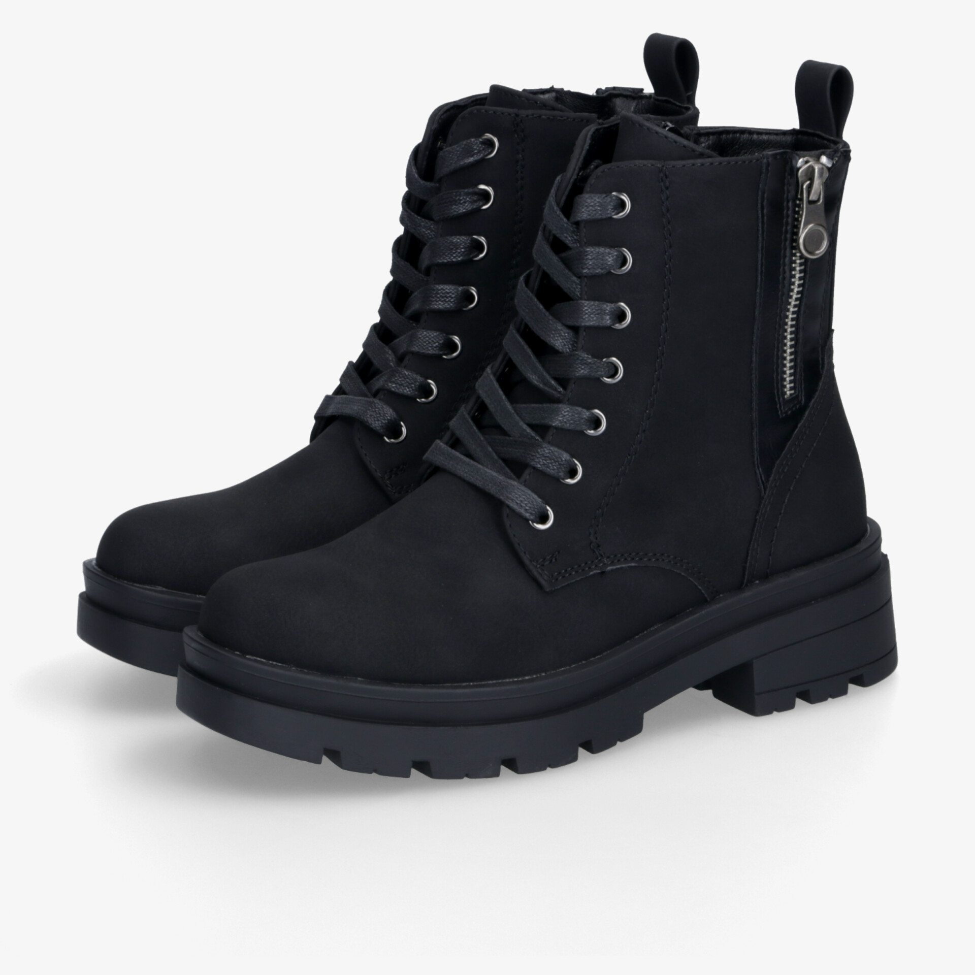Schwarze robuste Stiefel mit Profilsohle, bequemer Passform und praktischem Reißverschluss