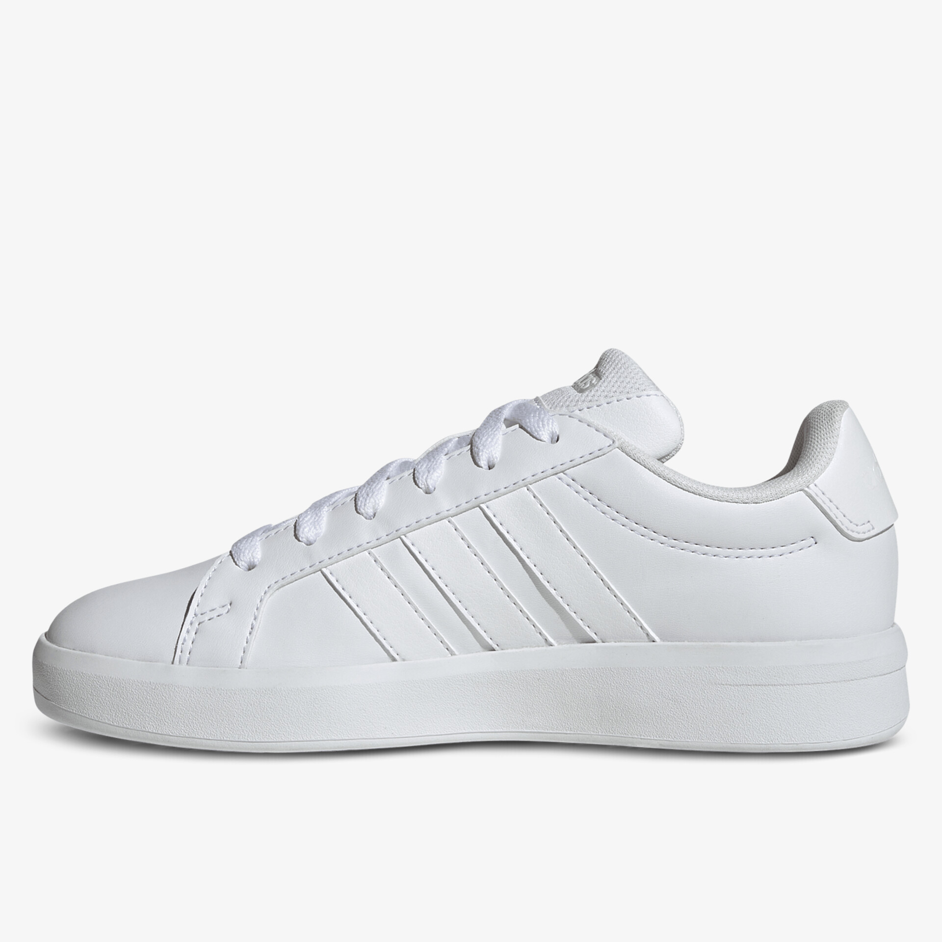 weißer Sneaker mit klassischem Design und bequemer, leichter Sohle, seitliche Ansicht