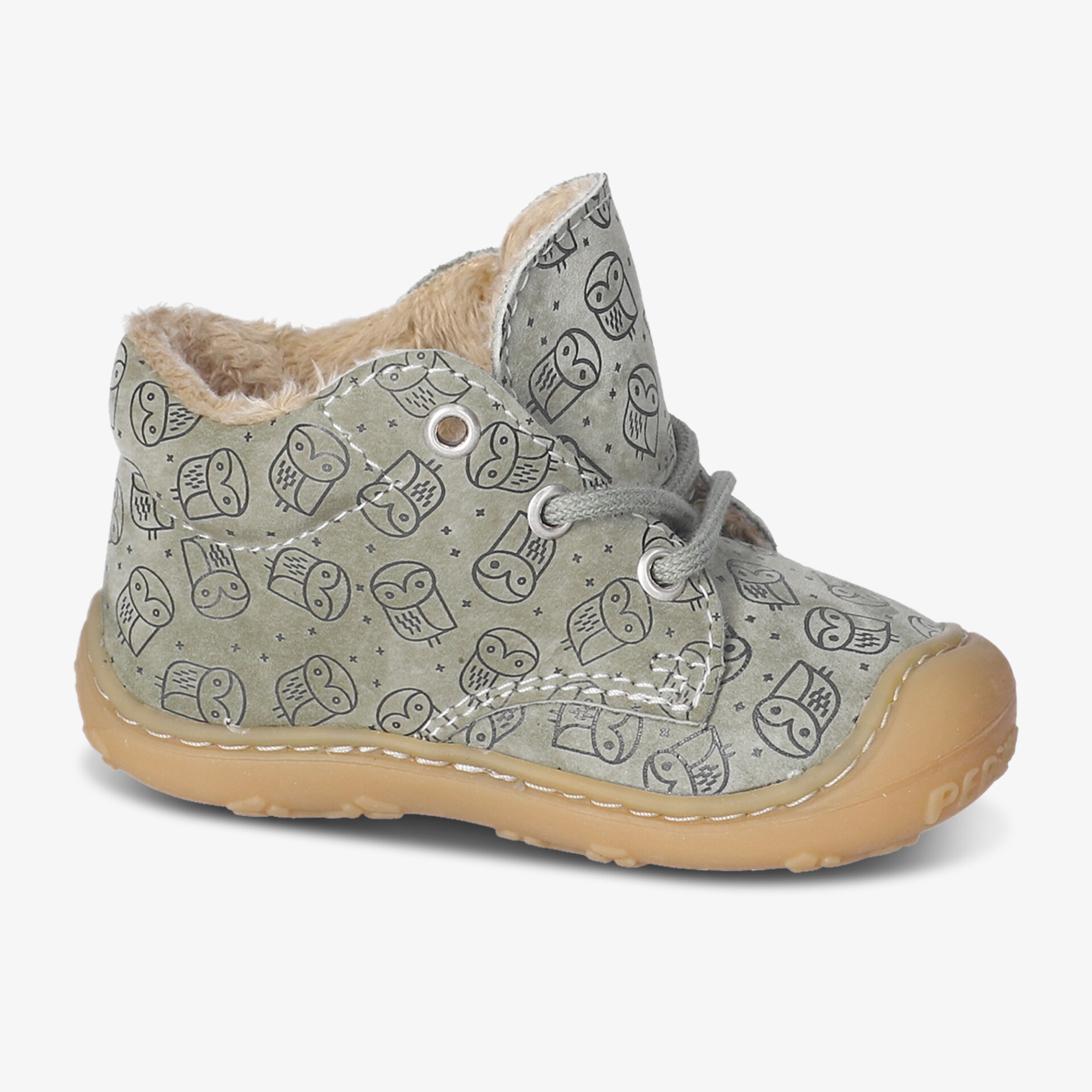Weicher, bequemer Kinderschuh mit warmem Innenfutter und verspieltem Eulenmuster.