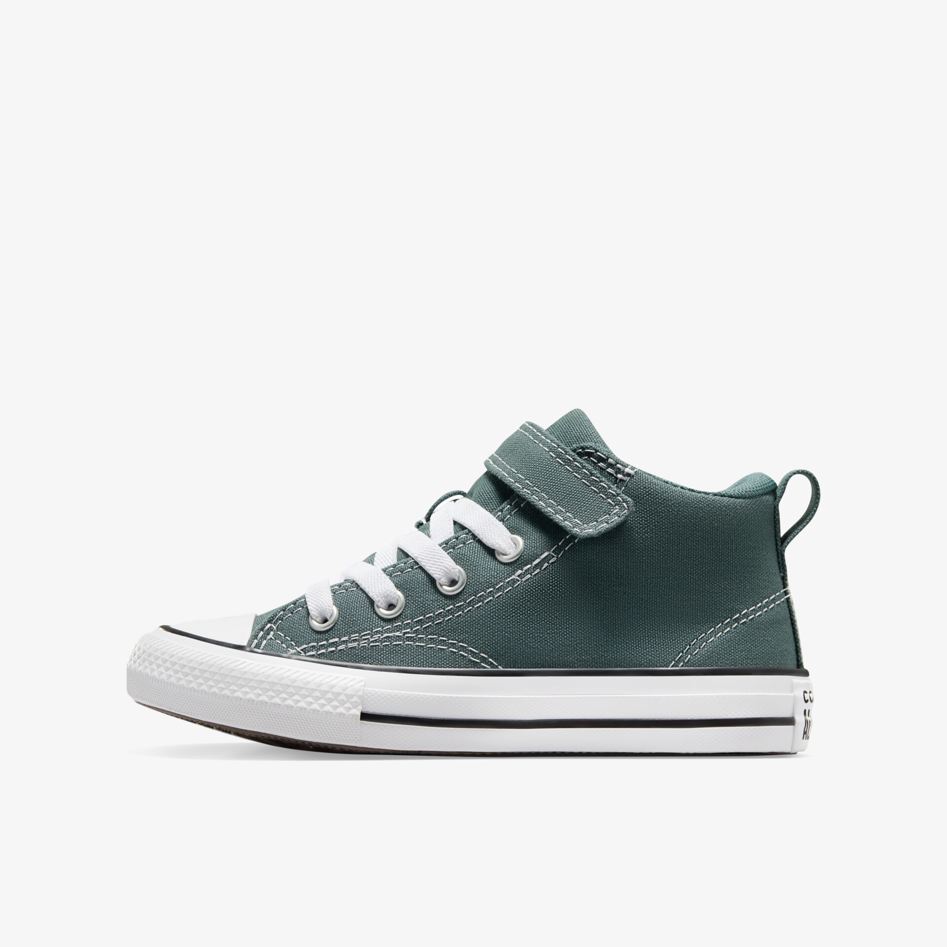 Grüner hoher Sneaker mit Schnürsenkeln und Klettverschluss, seitliche Ansicht, robuste weiße Sohle