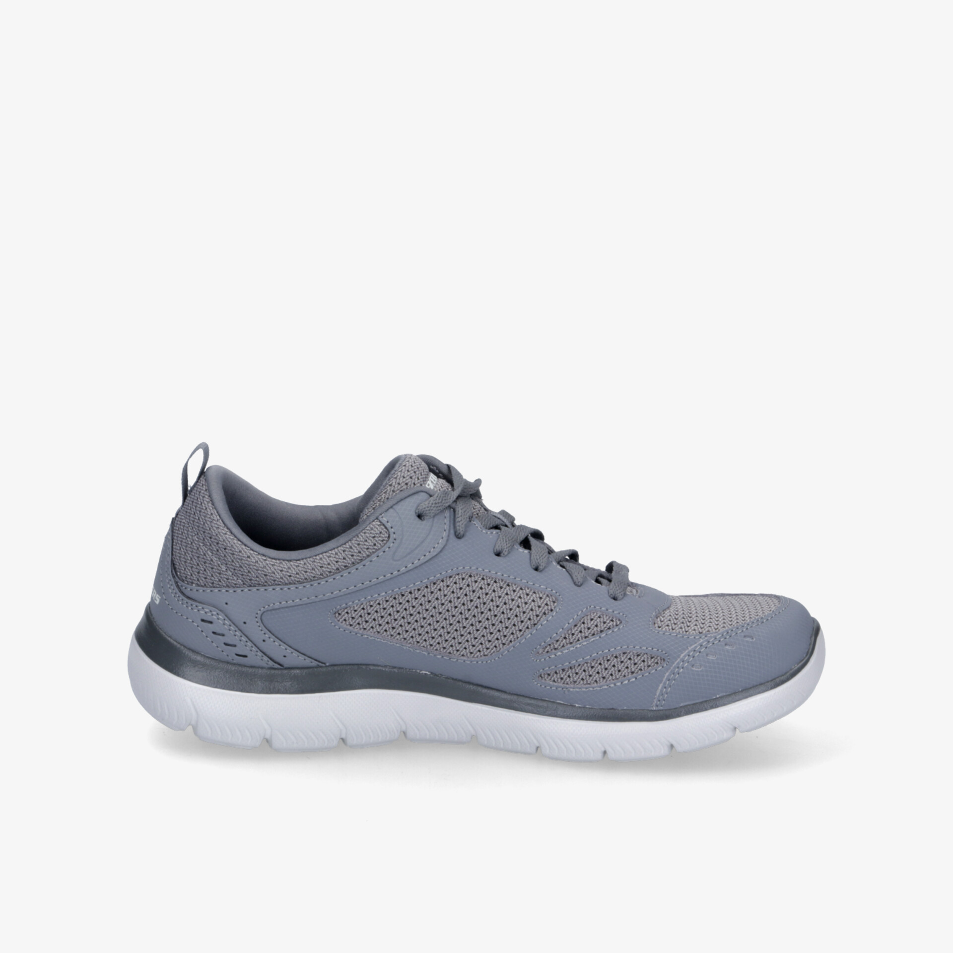 Leichter und atmungsaktiver Sportschuh in Grau mit flexibler Sohle und komfortabler Polsterung, seitliche Ansicht