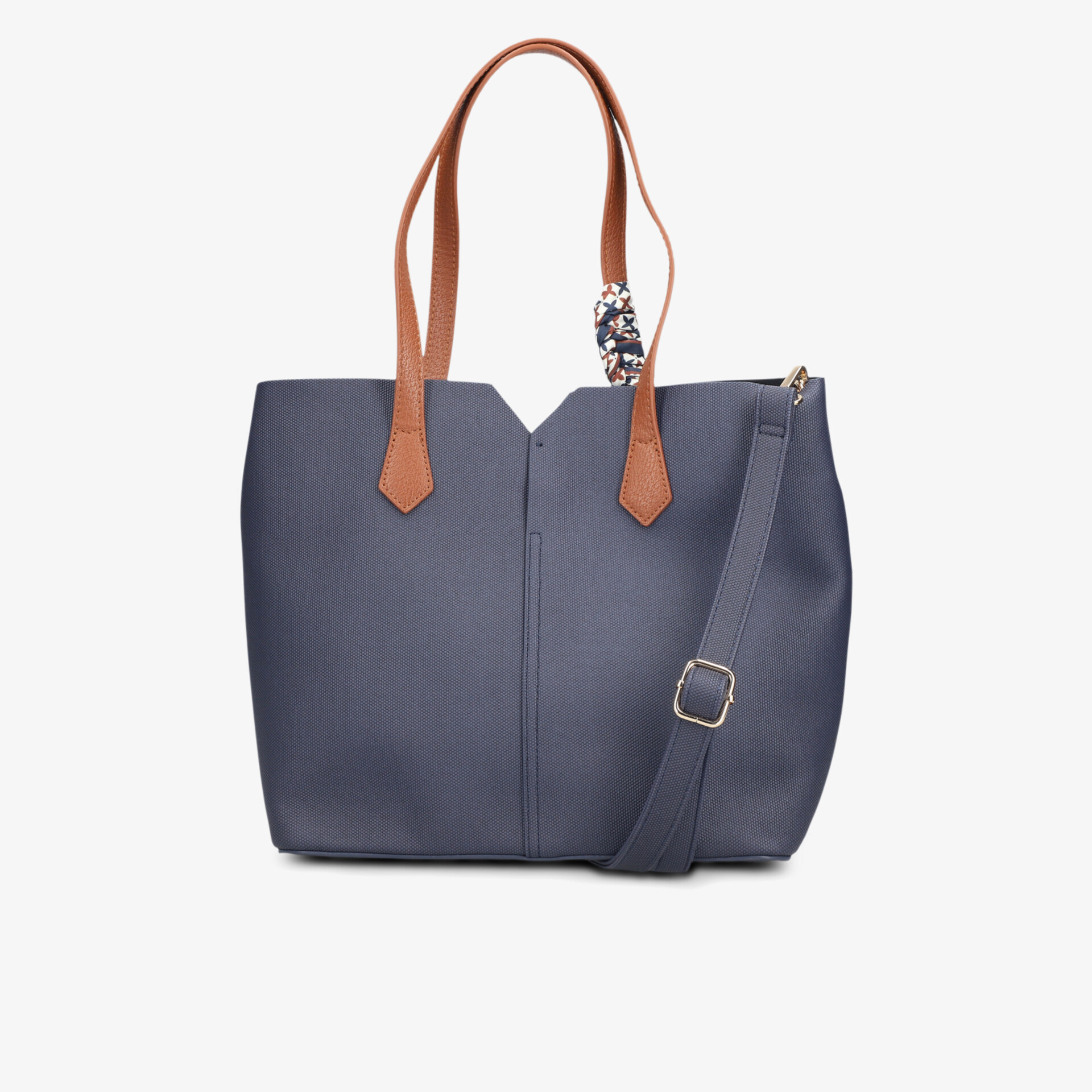 Elegante dunkelblaue Handtasche mit braunen Griffen und verstellbarem Schulterriemen für vielseitigen Gebrauch