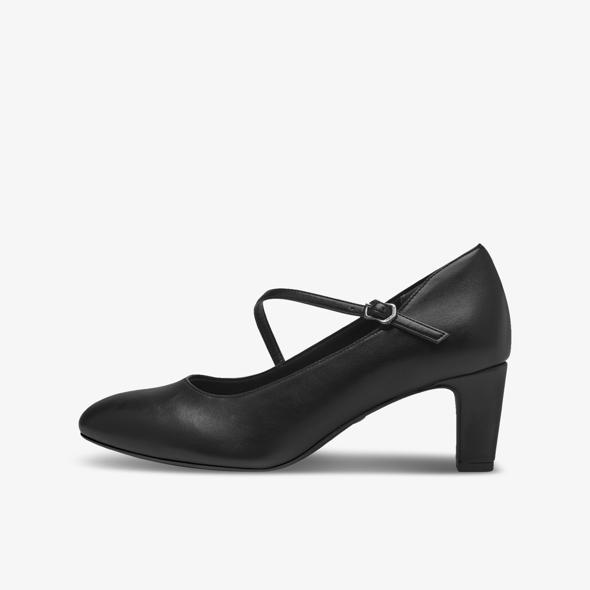 Schwarzer Schuh mit mittelhohem Absatz und elegantem Riemen, klassische Form und bequeme Passform