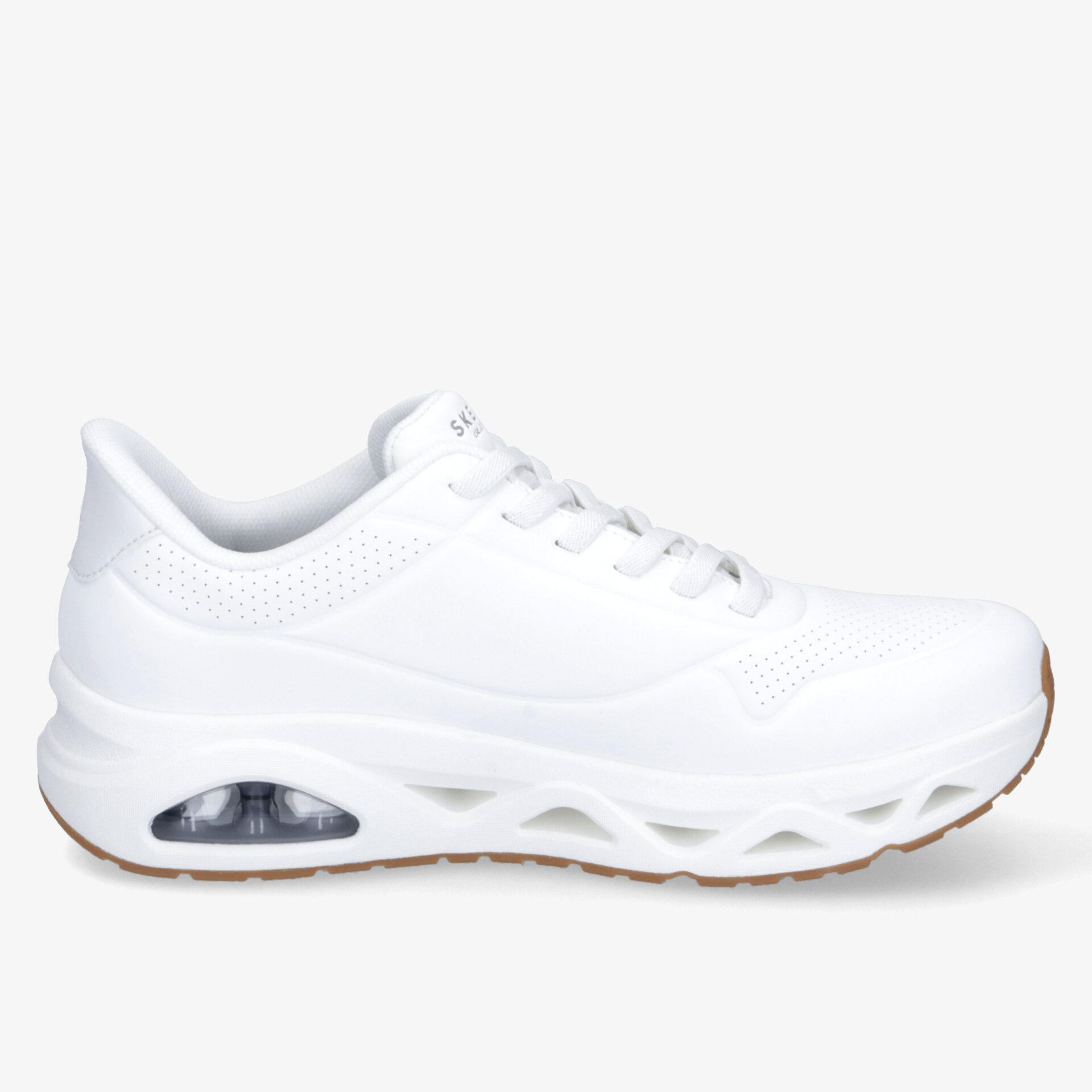 Seitliche Ansicht eines weißen Sportschuhs mit stoßdämpfender Luftkammer und bequemer Passform