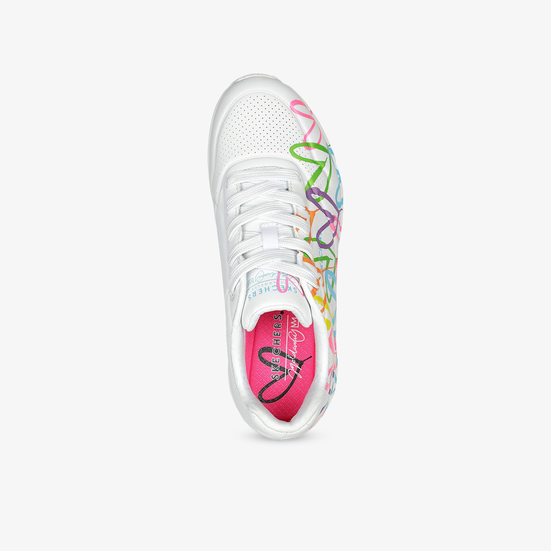 Weiße Sneaker mit bunten Mustern, leicht, atmungsaktiv und bequeme Passform, Draufsicht von oben