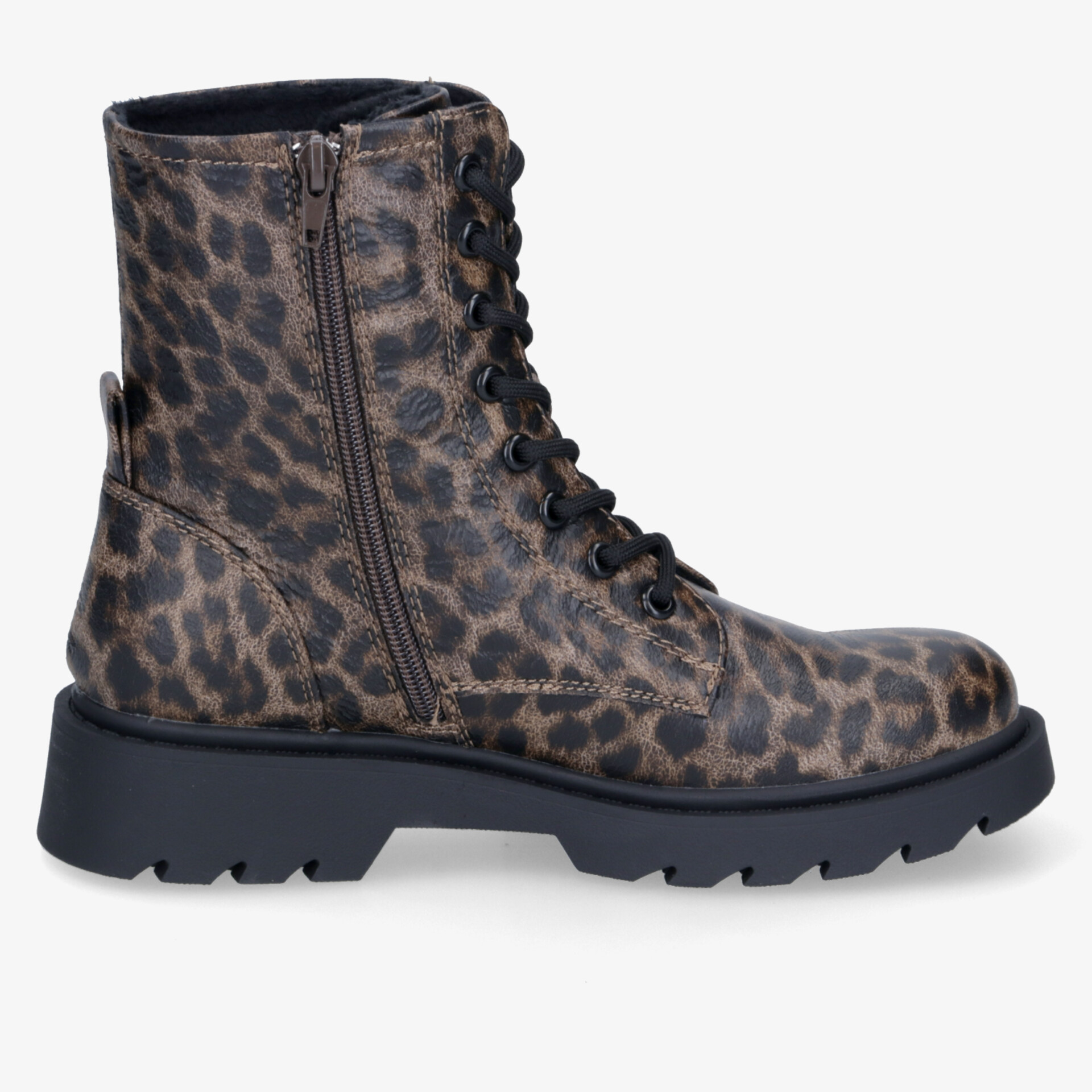 Robuster Schnürstiefel im Leopardenmuster mit seitlichem Reißverschluss und Profilsohle.