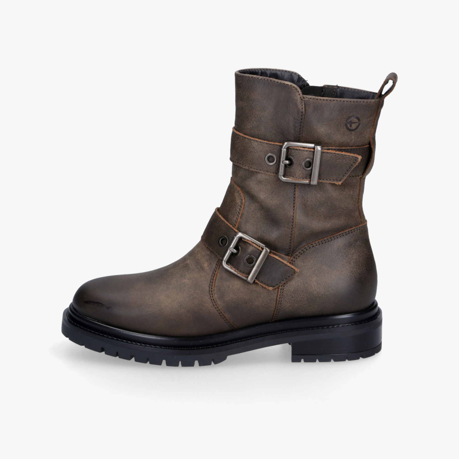 Robuster brauner Lederstiefel mit verstellbaren Schnallen und rutschfester Profilsohle für hohen Tragekomfort