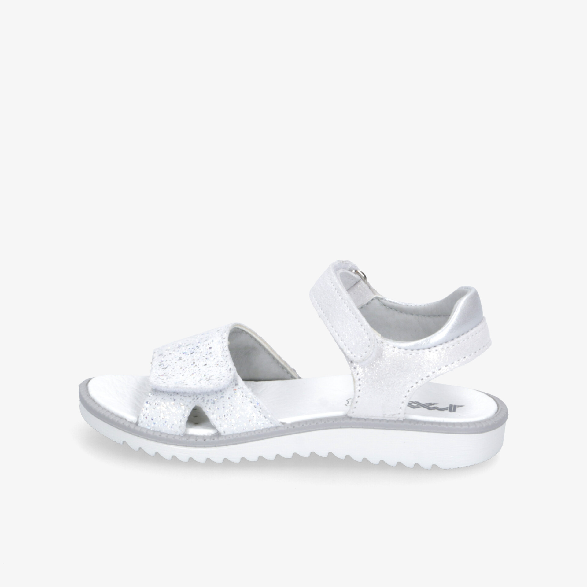 Weiße Sandale mit Klettverschluss, gepolstertes Fußbett und robustem Profil für hohen Tragekomfort