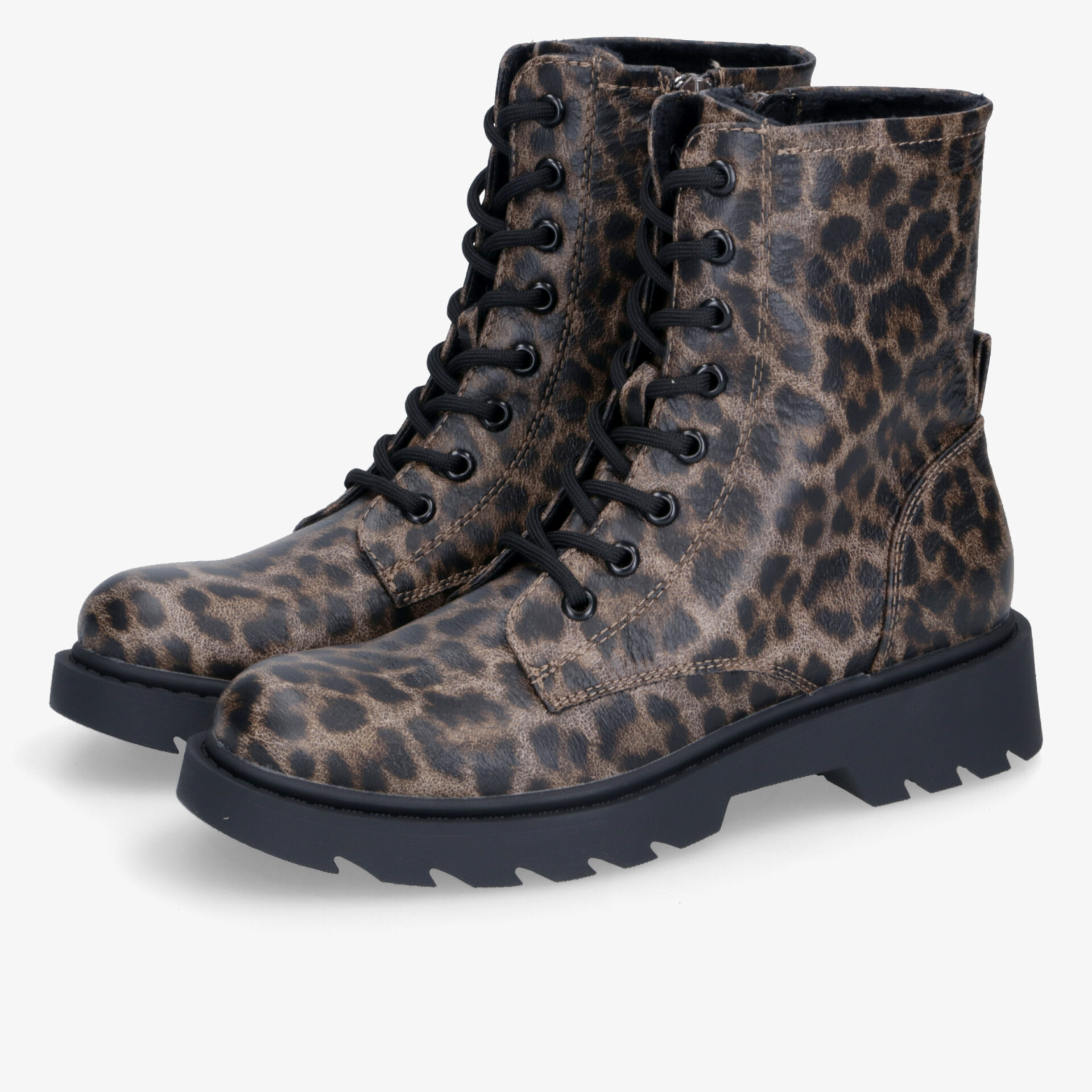 Modische Schnürstiefel im Leopardenmuster mit robuster Sohle und trendigem Design. Perfekt für stilvolle Outfits.