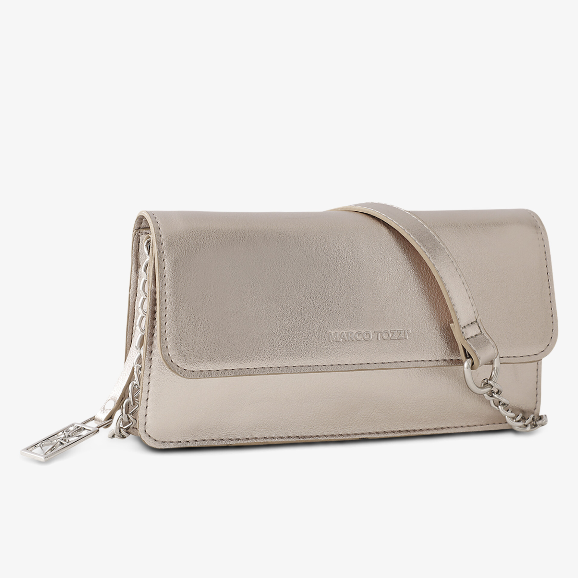 Elegante kompakte Umhängetasche aus feinem Material mit Schulterriemen und Metallkette