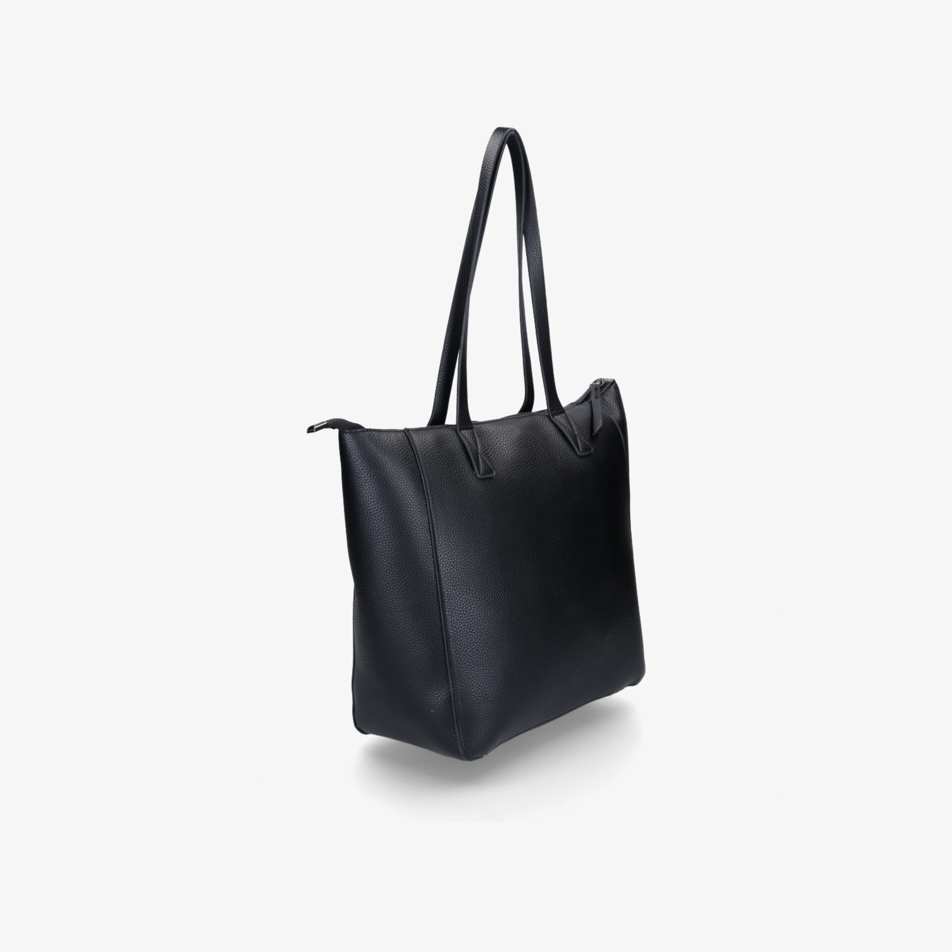 Schwarze Tasche mit großem Stauraum und langen Tragegriffen, modernes robustes Design, seitliche Ansicht